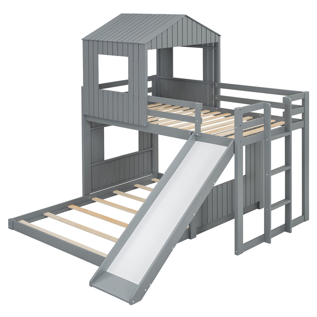 Gray twin-over-full bunk bed with cabin window cutouts — side view