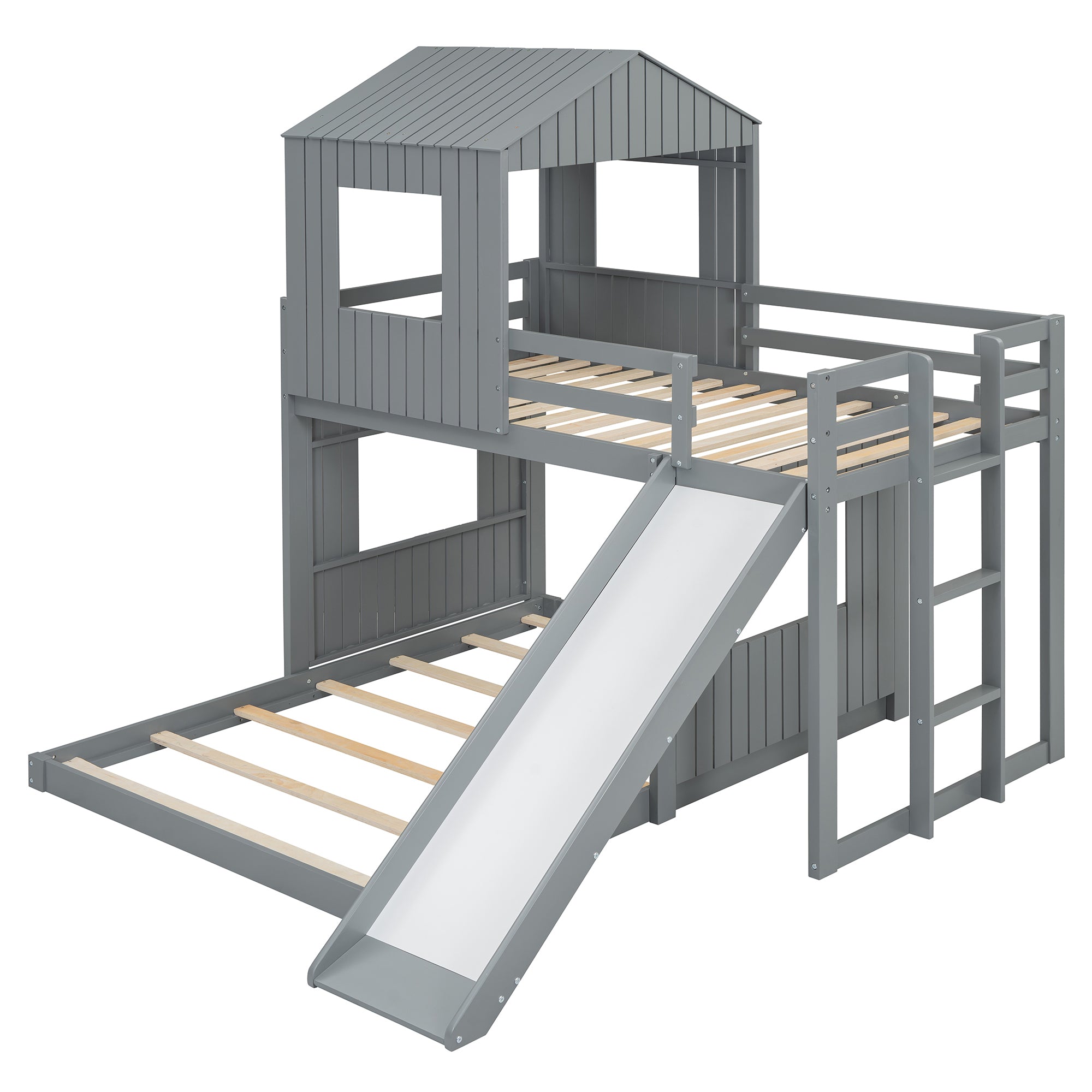 Gray twin-over-full bunk bed with cabin window cutouts — side view