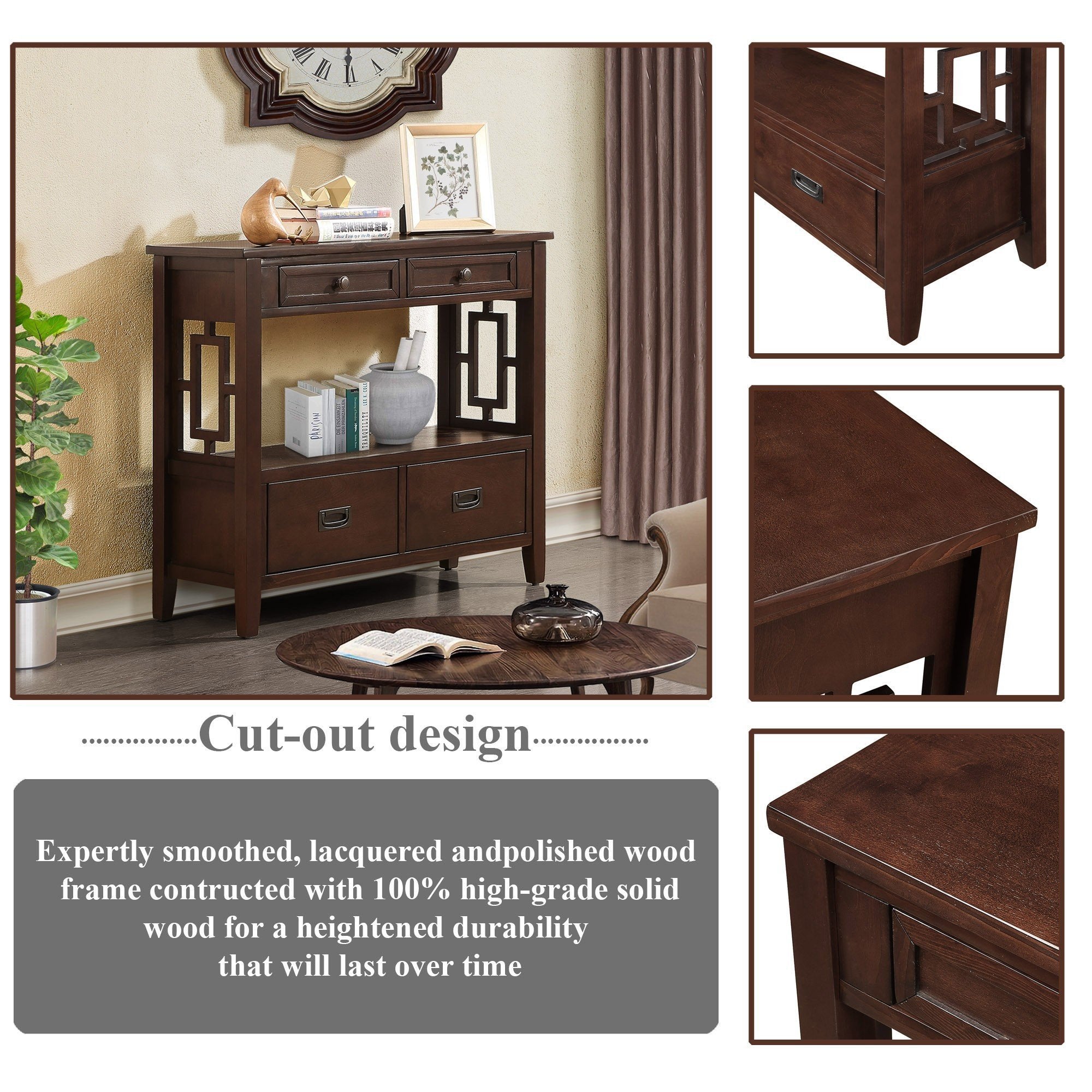 Console table four drawer storage light espresso detail