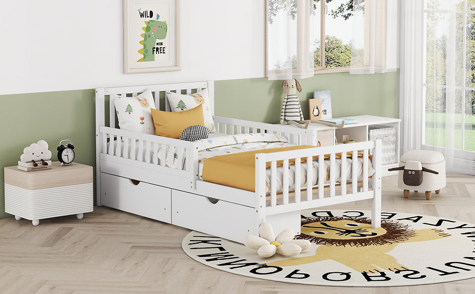 Twin-size white platform bed — footboard view