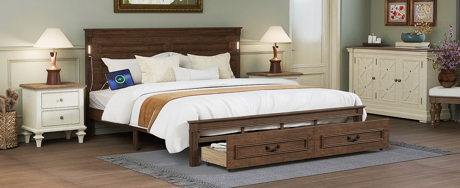 King Size Bed with Tall-Panel Headboard & Footboard, 2 Storage Drawers, Built-in LED Lights, USB Charging Station, Pinewood Bed with Strengthened Bed Frame ,White