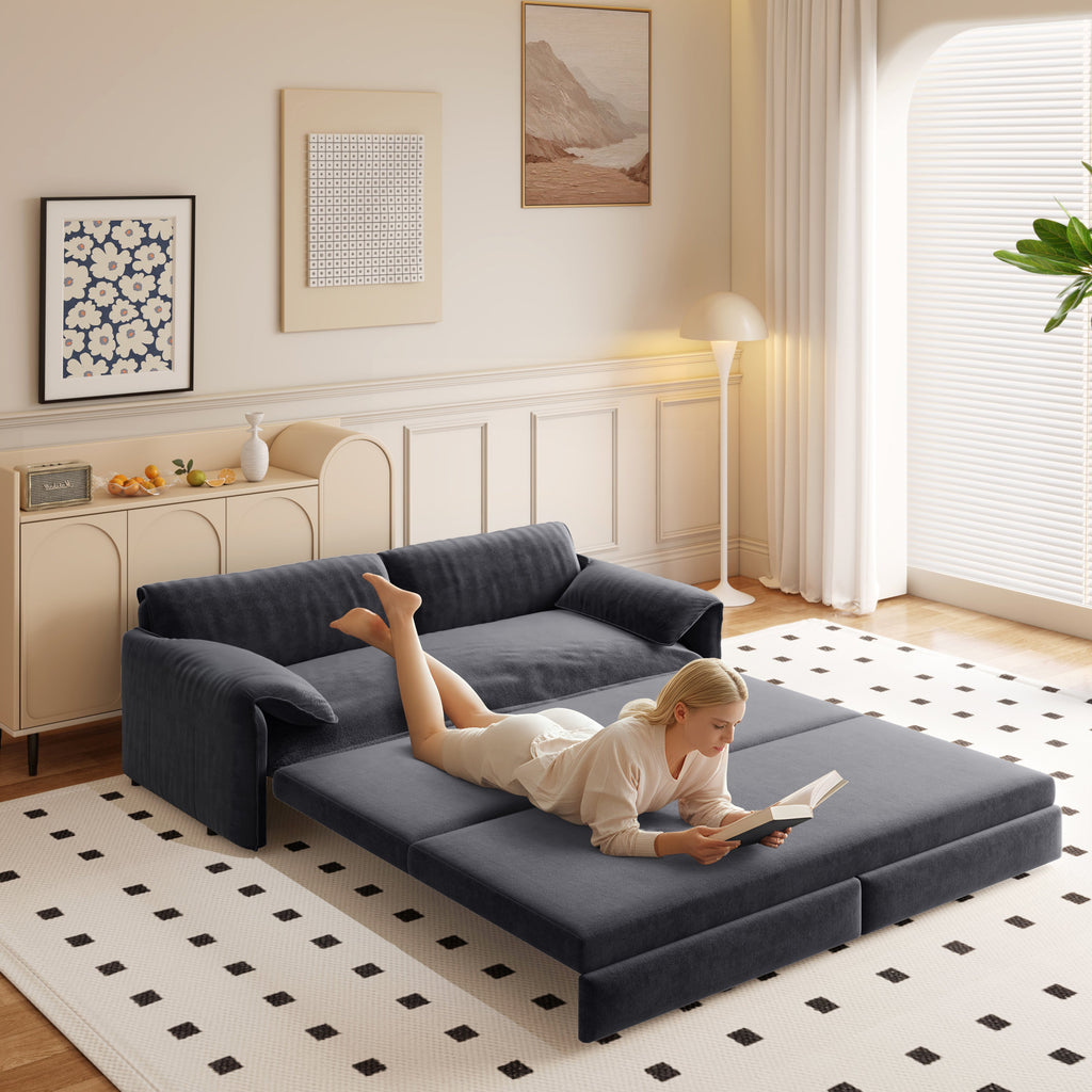 66' Queen Pull Out Sofa Bed, 3-in-1 Convertible Sleeper Sofa with Side Storage,Multi-Functional Velvet Loveseat Bed for Living Room, Black
