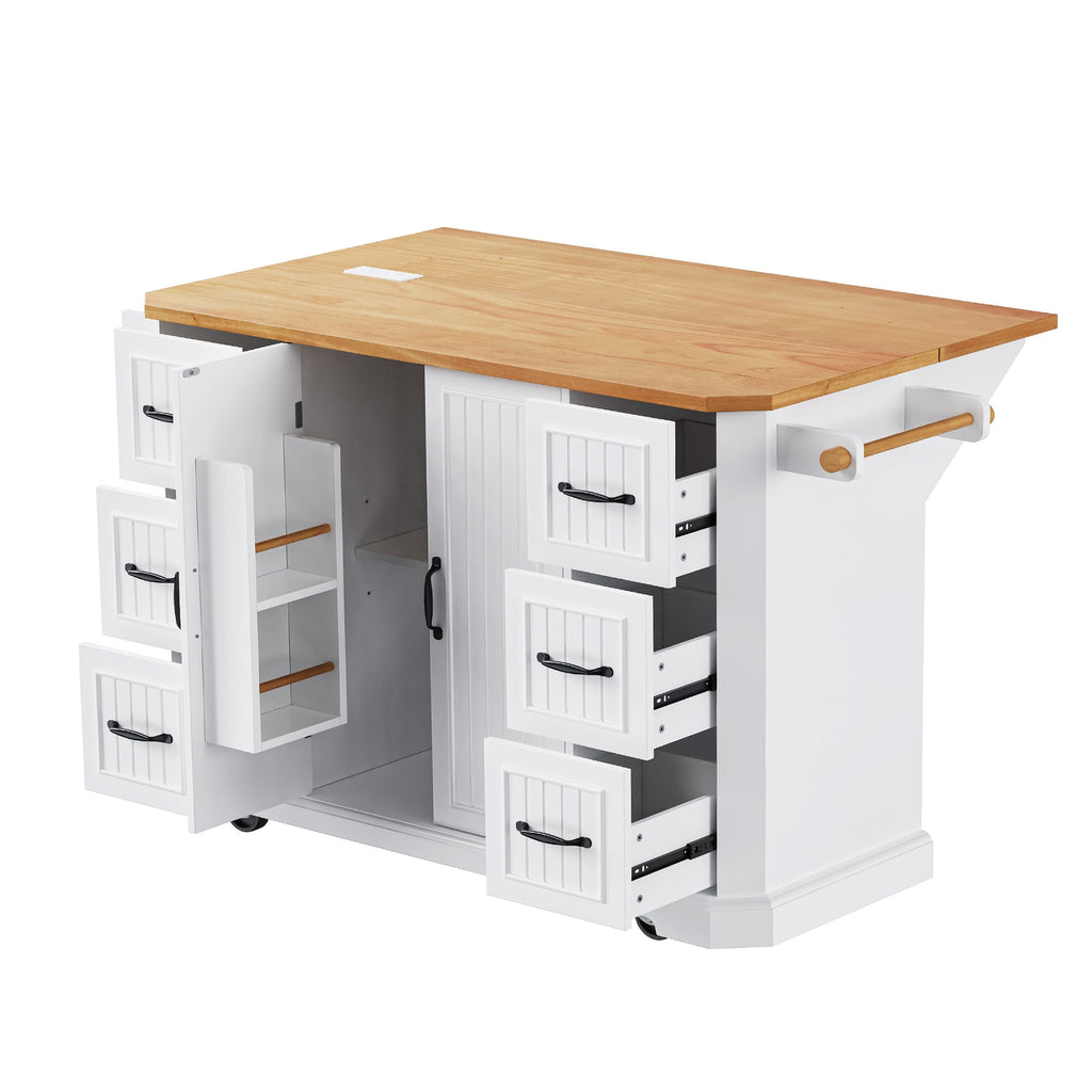 K&K 56 inch Kitchen Island with Rubber Wood Veneer Drop Leaf, Power Outlet, 4 Door Shelves, Embossed Vertical Stripe Rolling Kitchen Cart on 4 Wheels with 6 Deep Drawers for Kitchen, Dining Room,Black