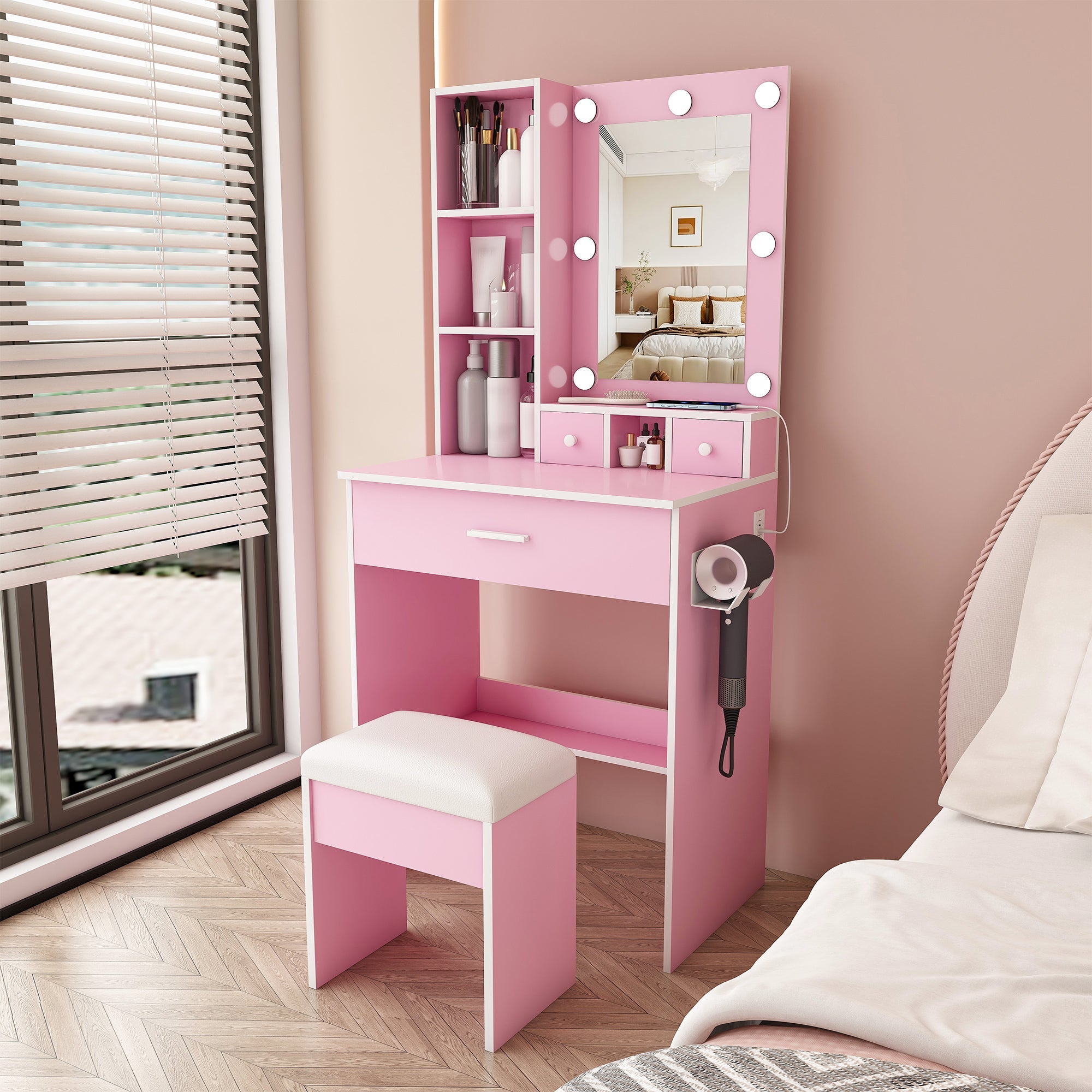 Vanity Table with Mirror, Adjustable LED Lights, Power Outlet, Hairdryer Holder & Stool – Compact Dressing Desk for Small Bedrooms
