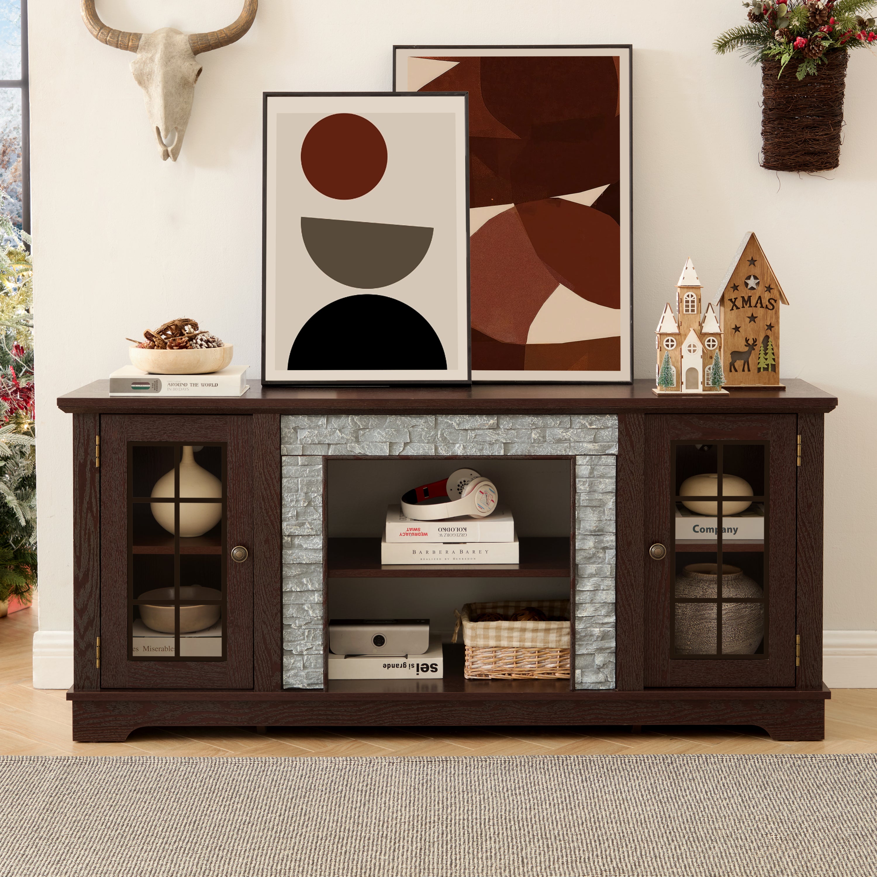 58' Modern TV Stand with 2-Door Storage, Faux Stone Media Console Cabinet, Cherry Large Entertainment Center for Living Room