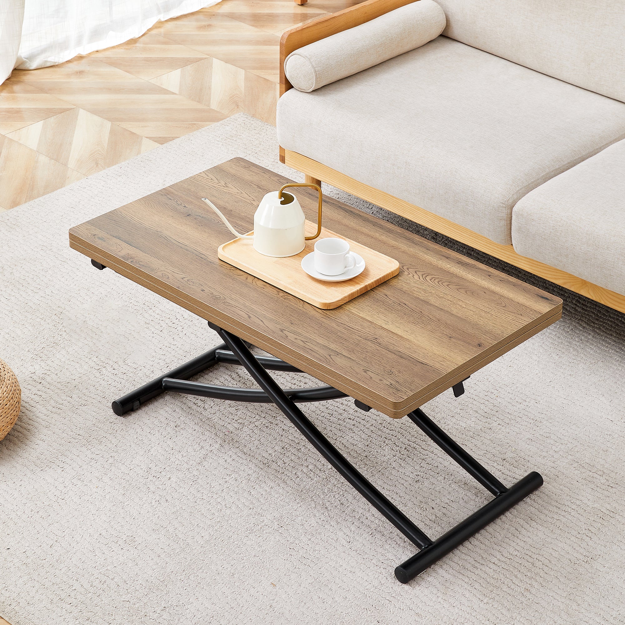 Modern minimalist multifunctional lift table with 0.8 inch thick MDF desktop and black metal legs, can be used as a dressing table, coffee table, dining table, and office table.Wood textured desktop.