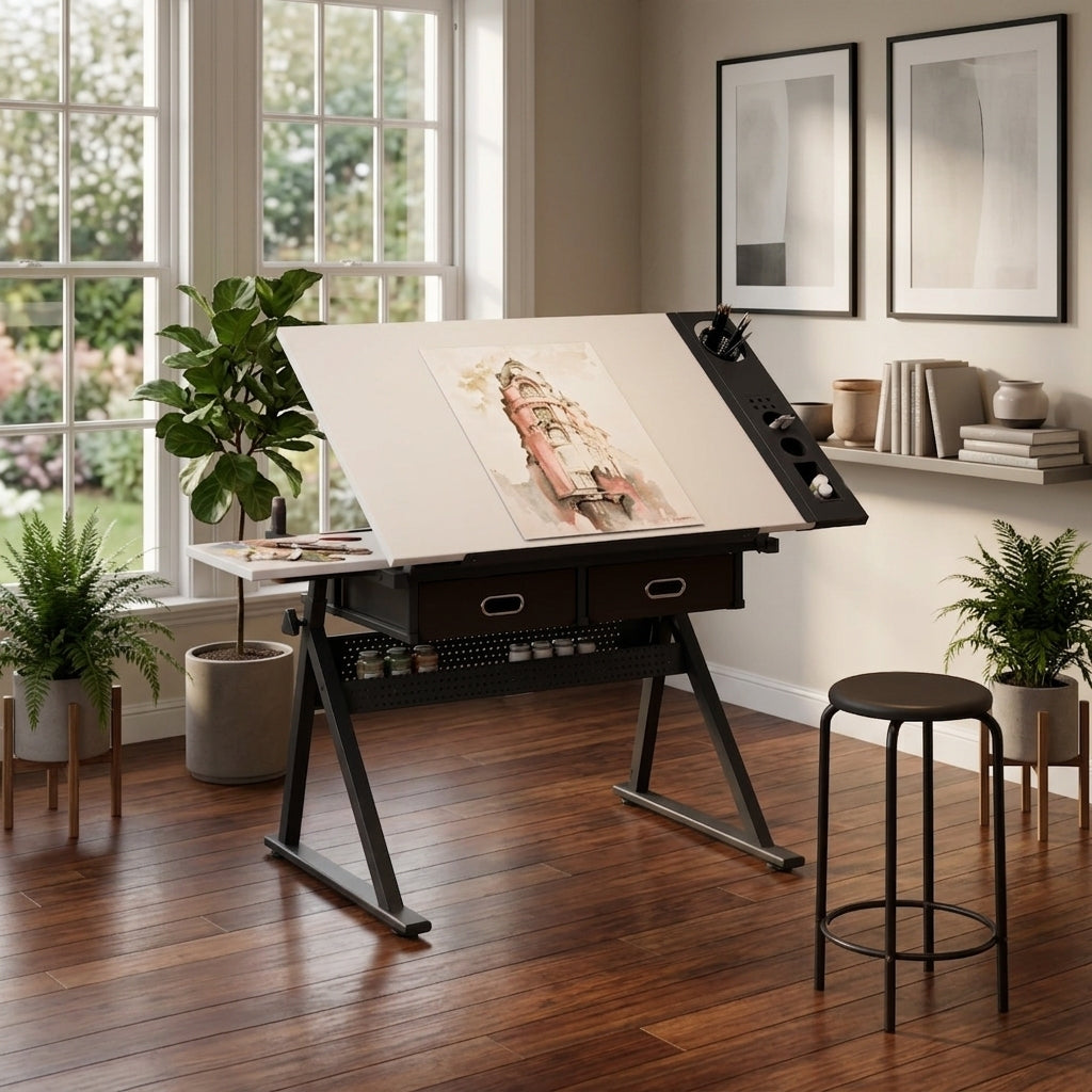 adjustable drawing drafting table desk with 2 drawers for home office and school with stool(white)
