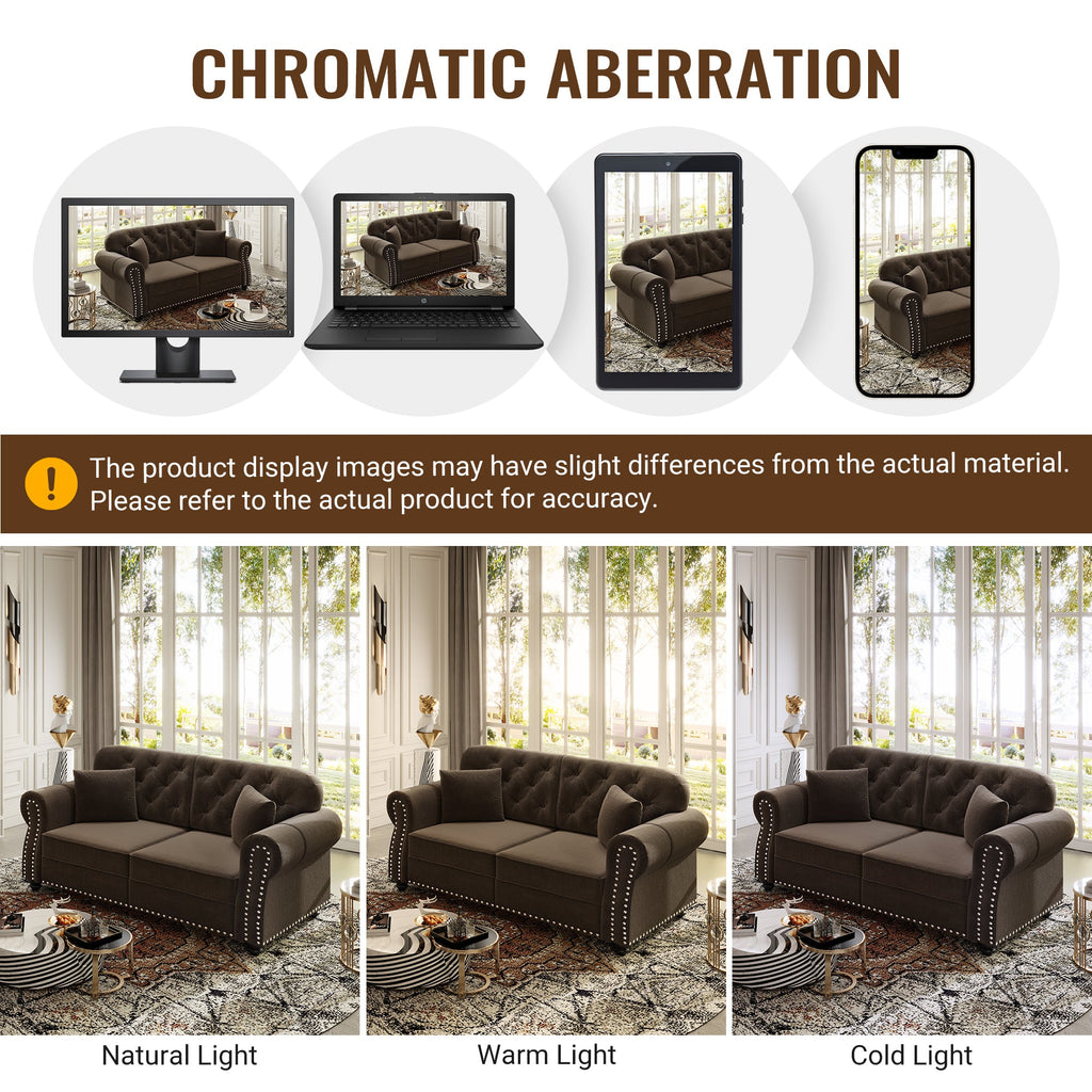 63'Upholstered Velvet Sofa with Nailhead Trim and Rolled Armrests,Mid-Century Modern Chesterfield Sofa with Button Tufted,Includes 2 Pillows,Beige/White