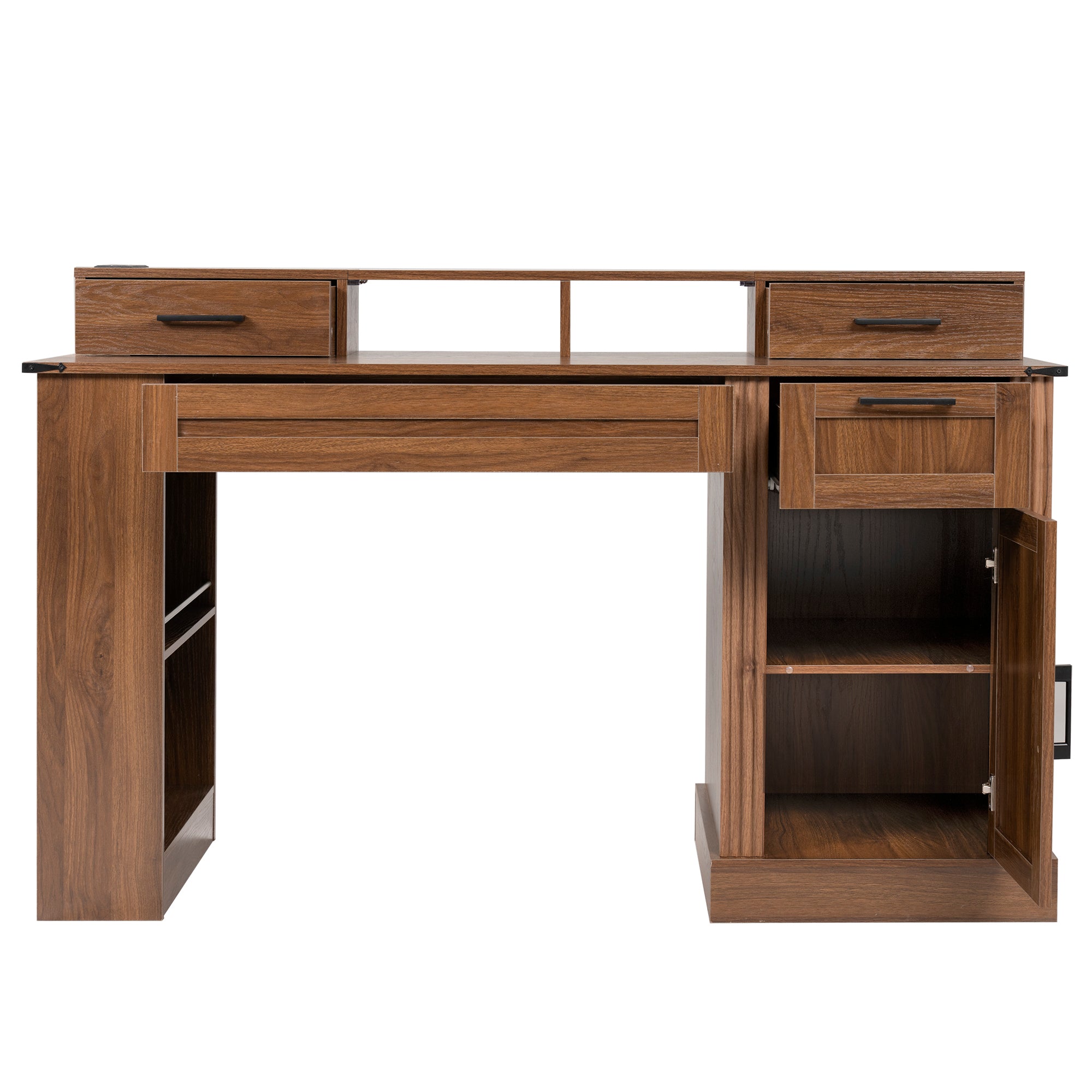 Dark walnut office desk side profile with pegboard storage