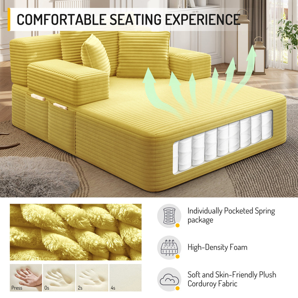Oversized Plush Corduroy Chaise Lounge Sofa Bed,Convertible Sleeper Couch Bed w/ Storage Pockets,3 Soft Pillows,Multi-Functional Frameless Sofa Couch for Apartment,Home Theater,Guest Room,Beige&White