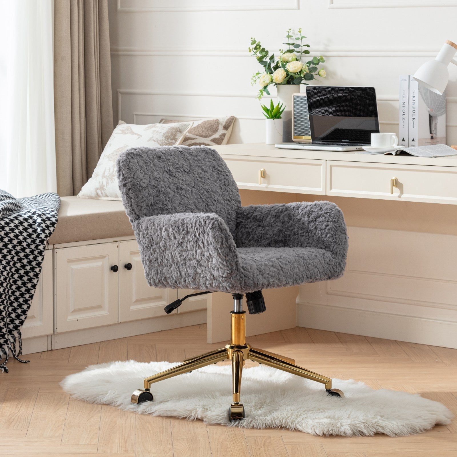 Faux Fur Office Chair — 40° Reclining with Gold Metal Base & Wheels