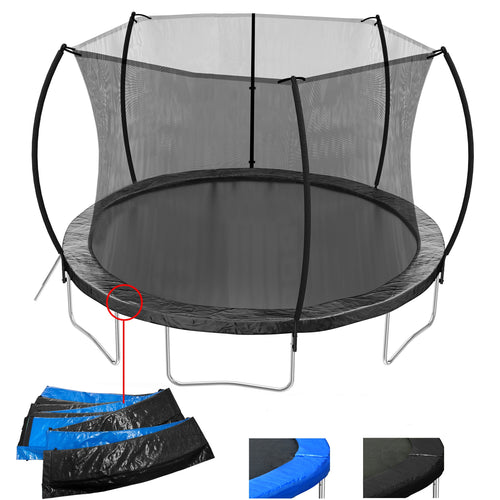 Black 12-foot trampoline with curved safety poles — front view