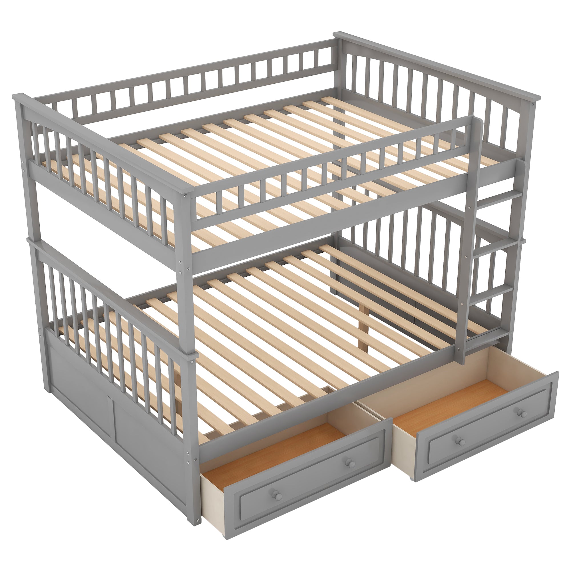 Full bunk bed with rolling storage drawers underneath