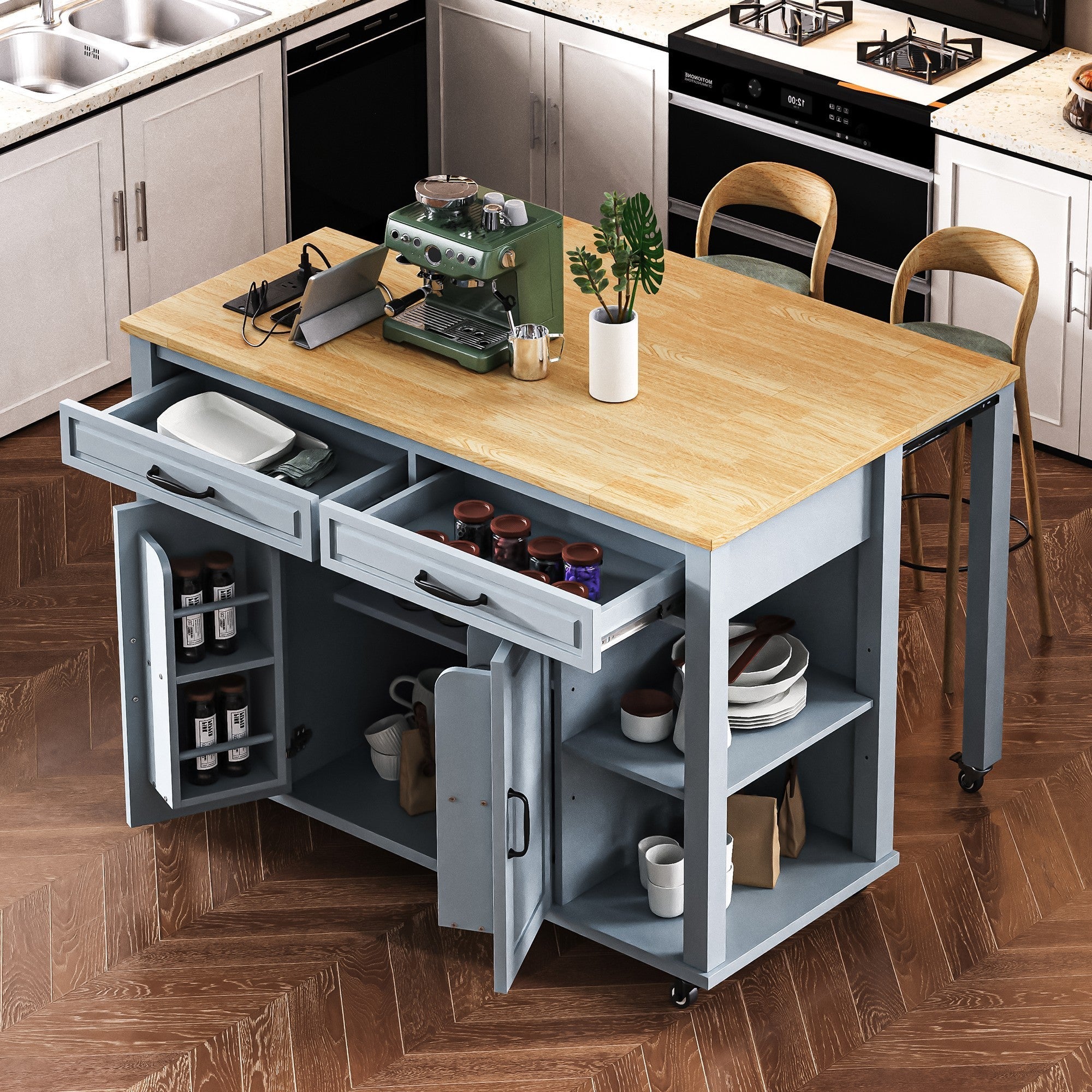 K&K 47 inch Kitchen Island with Extendable Dining Table, Rubber Wood Veneer Kitchen Table with Internal Storage Rack, Power Outlet, Kitchen island with Storage 2 Drawers 2 Cabinet, Black