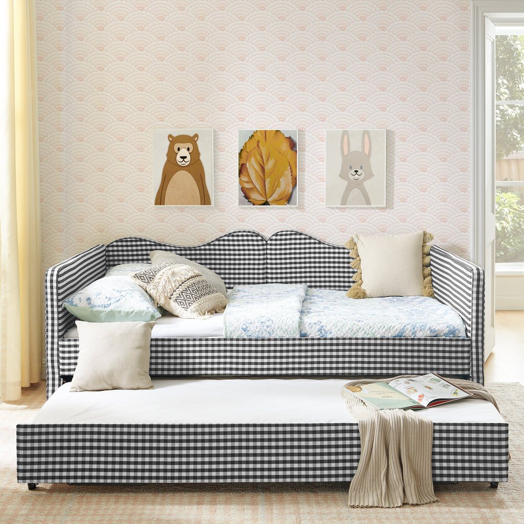 Full‑Size Daybed,Gingham Upholstered Daybed Equipped with Pull-Out Trundle Bed Frame & Side Storage Pocket, Solid Wood Frame Multi-Functional Sofa Bed for Kids Room & Guest Bedroom-PINK