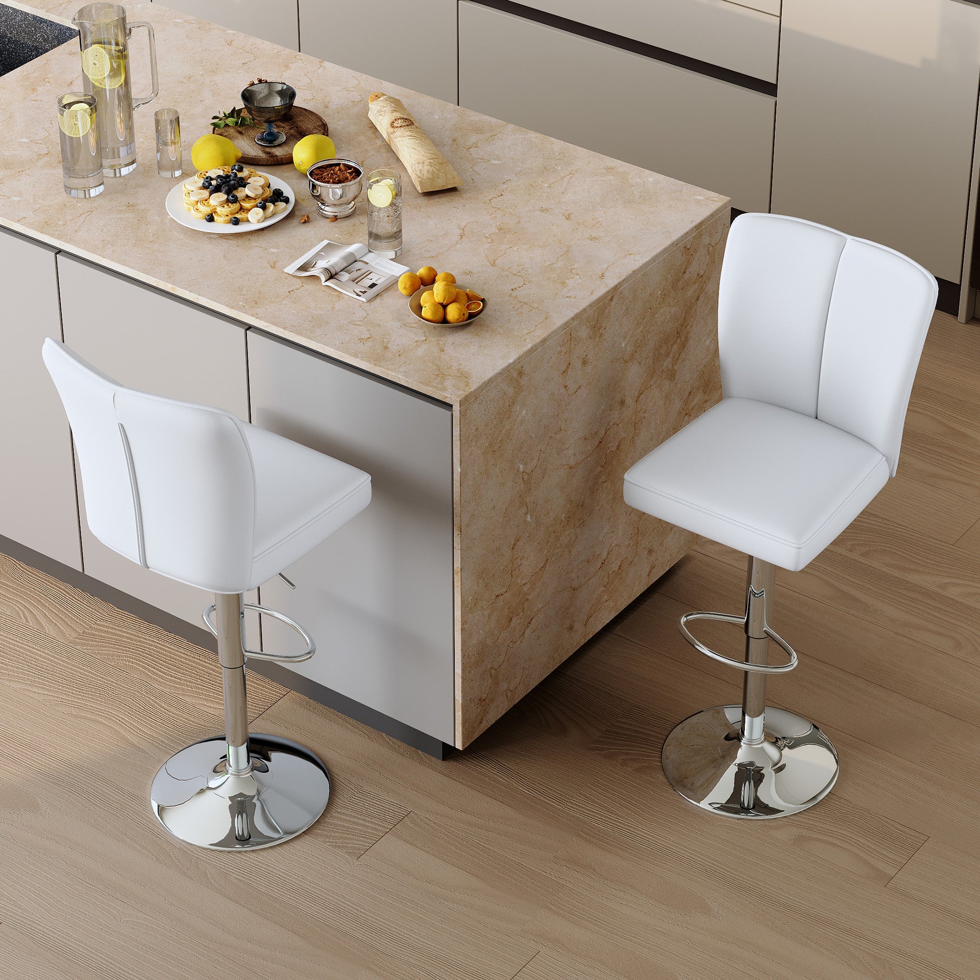 Modern White PU Bar Stool Set - 2-Piece, featuring vertical and smooth-lined backrests with trumpet-shaped silver metal legs. Ideal for placement in bars, living rooms, lounges, and similar settings.