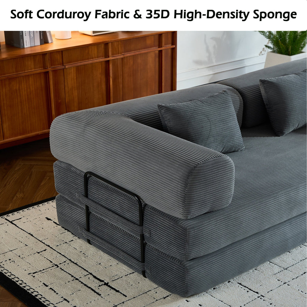 Convertible Sleeper Sofa Bed with Cylindrical Pillow, Corduroy Folding Mattress Couch with Fixed-Shape Frame, Floor Sofa Lounge Couch for Living Room Bedroom Black