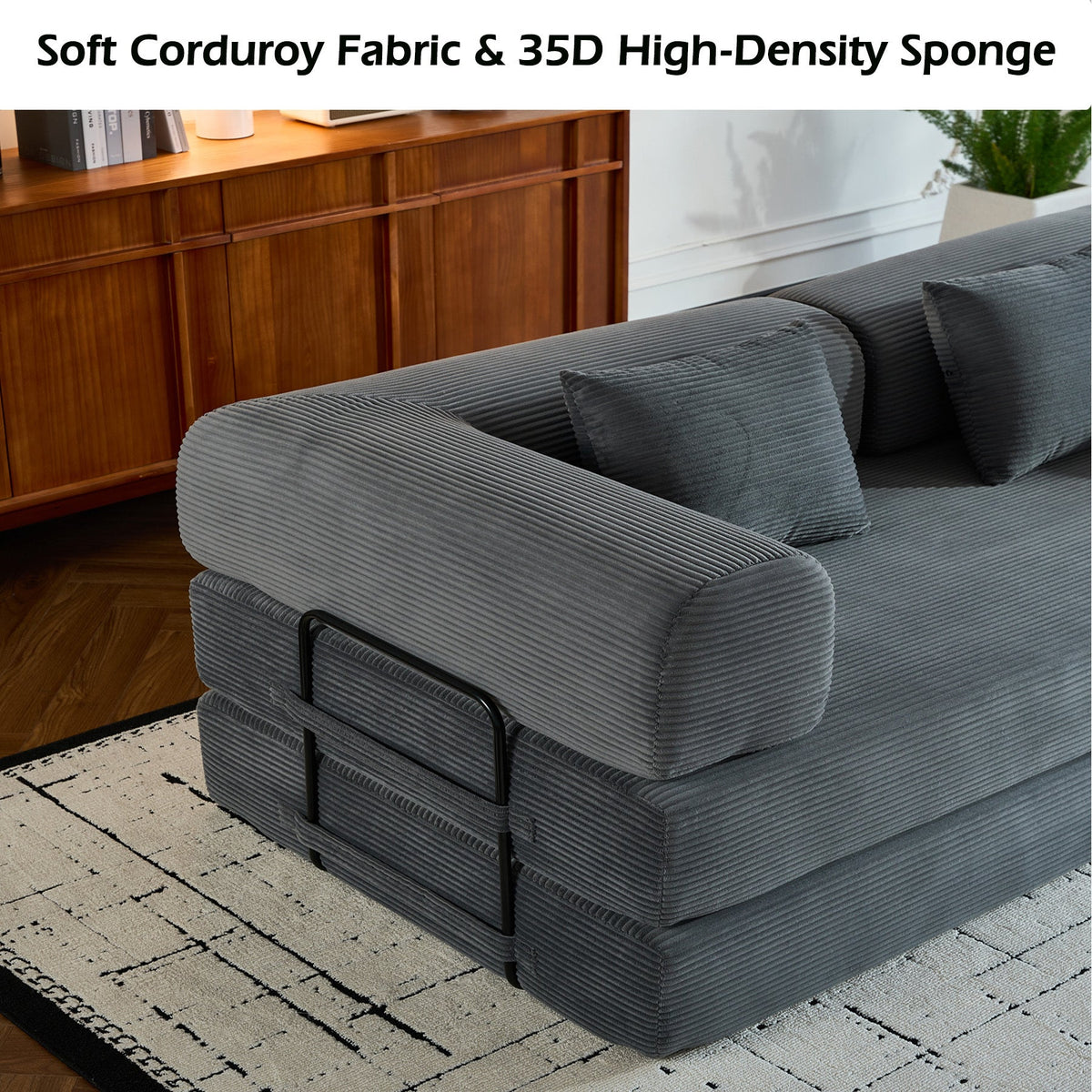 Convertible Sleeper Sofa Bed with Cylindrical Pillow, Corduroy Folding Mattress Couch with Fixed-Shape Frame, Floor Sofa Lounge Couch for Living Room Bedroom Black