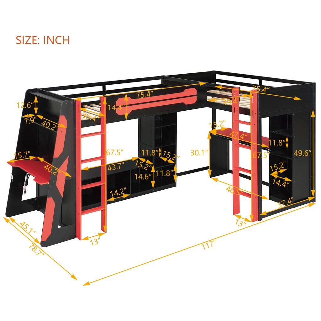 Multi-tier storage shelves on L-shaped gaming bed