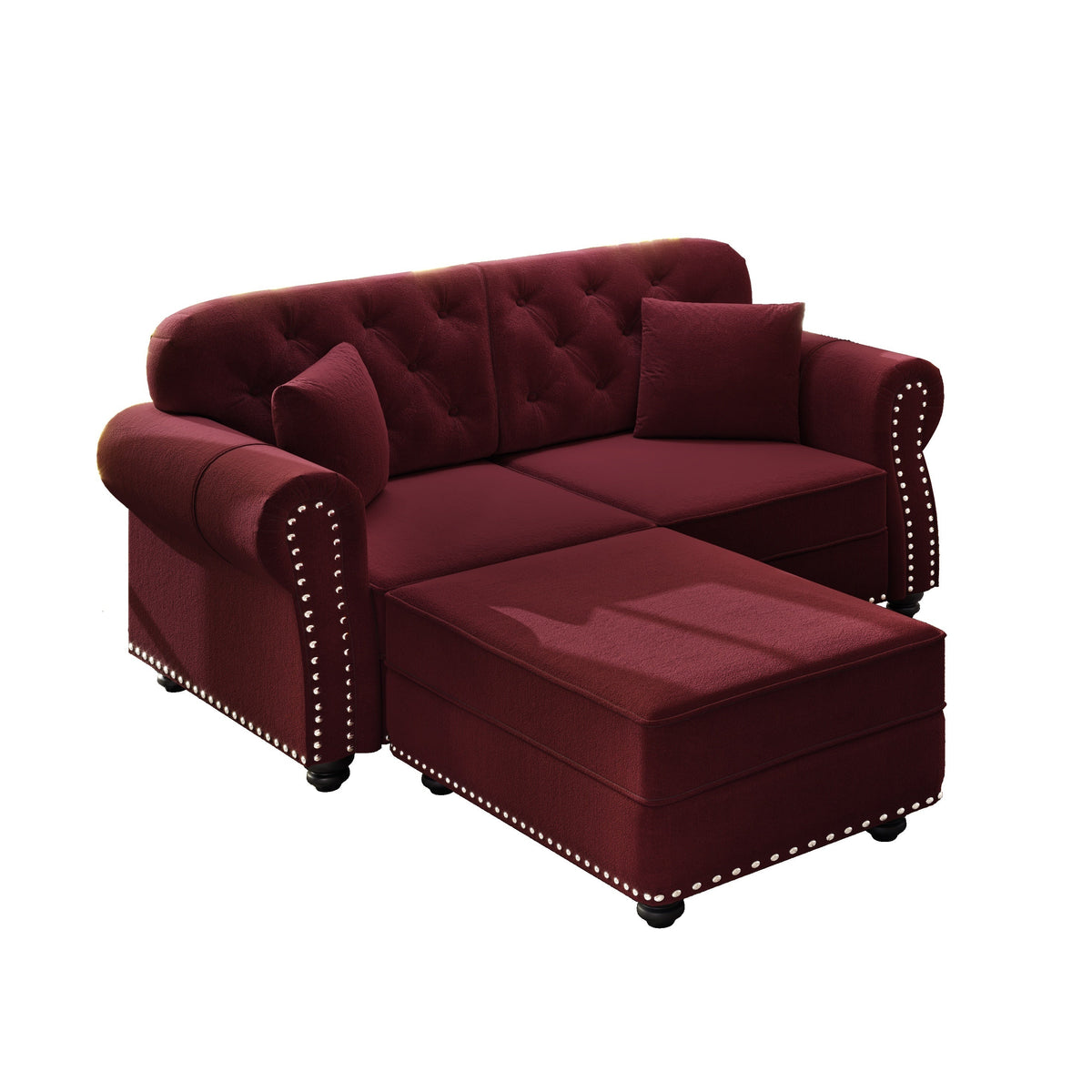 63'Upholstered Velvet Sofa with Nailhead Trim and Rolled Armrests,Mid-Century Modern Chesterfield Sofa with Button Tufted,Includes 2 Pillows,Beige/White