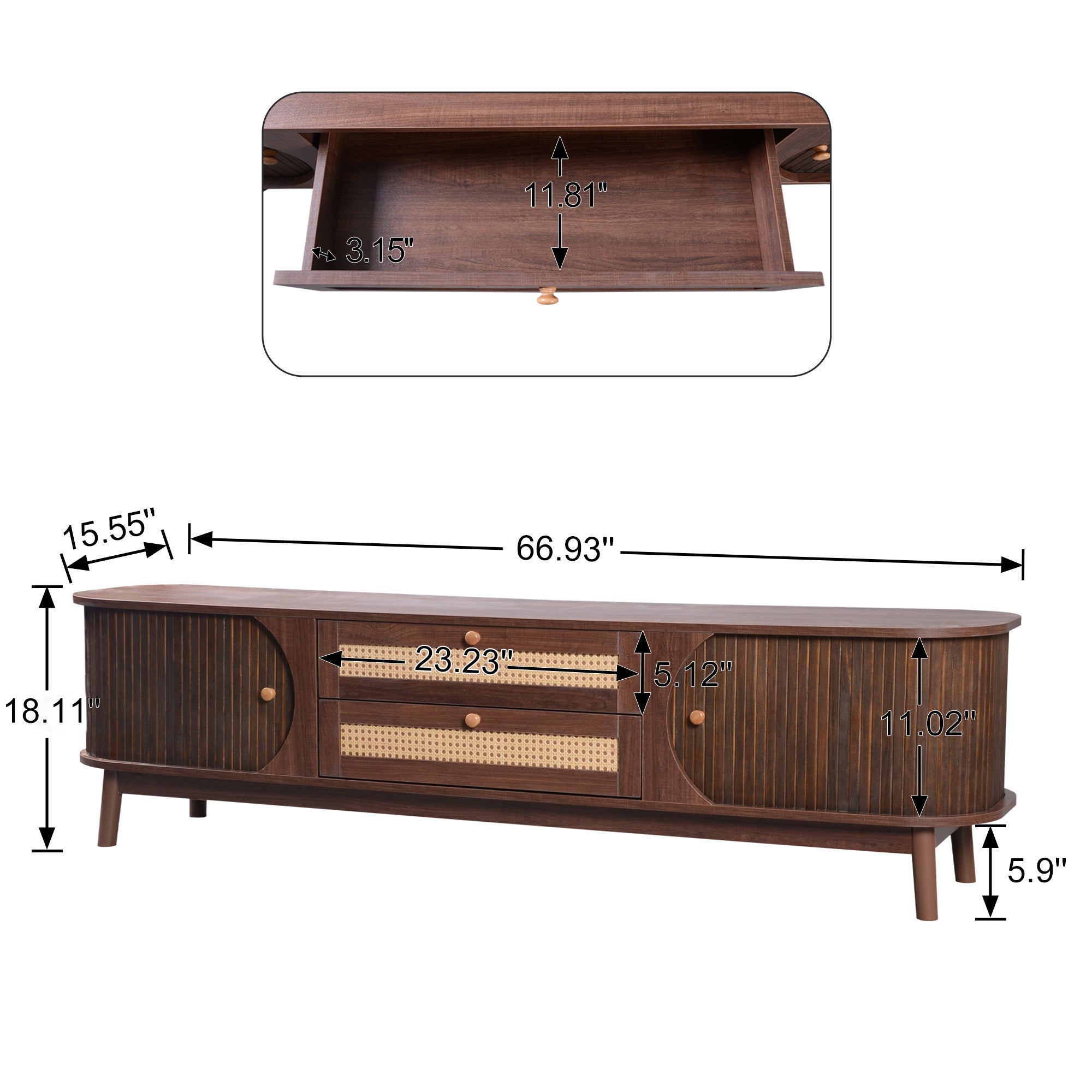 Modern Farmhouse Rattan TV Stand — for TVs Up to 75" (Natural Wood)