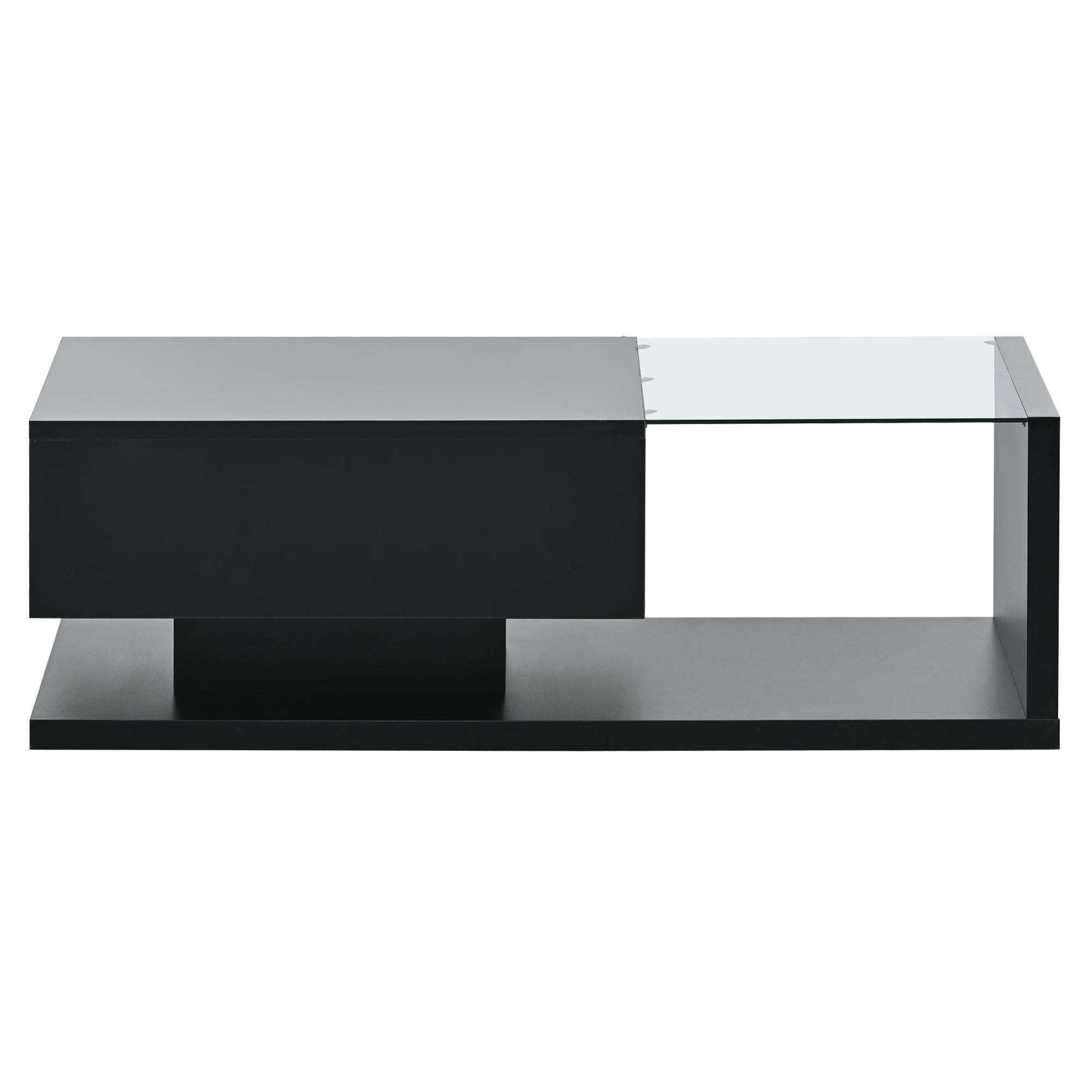 Glass top coffee table open shelf interior view