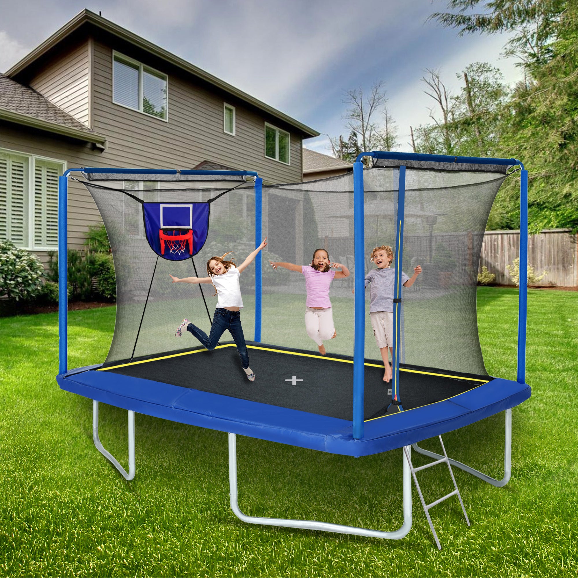 Outdoor rectangular trampoline safety enclosure — angle view
