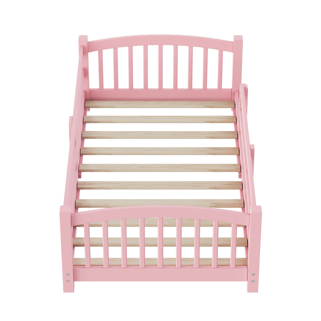Twin Montessori Floor Bed with Slats and Safety Guardrails, Solid Wood Floor Bed with Fence and Without Door, Easy Assemble Montessori Bed for Girls and Boys, Gray