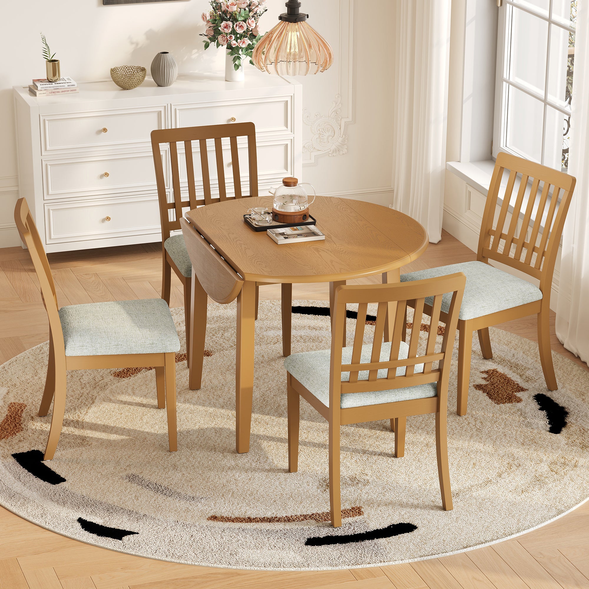 5-Piece Round Dining Table Set for 4 People, 1 Folding Wood Dining Table + 4 Upholstered Chairs, Space-Saving Design for Small Apartments and Dining Areas -LIGHT BROWN