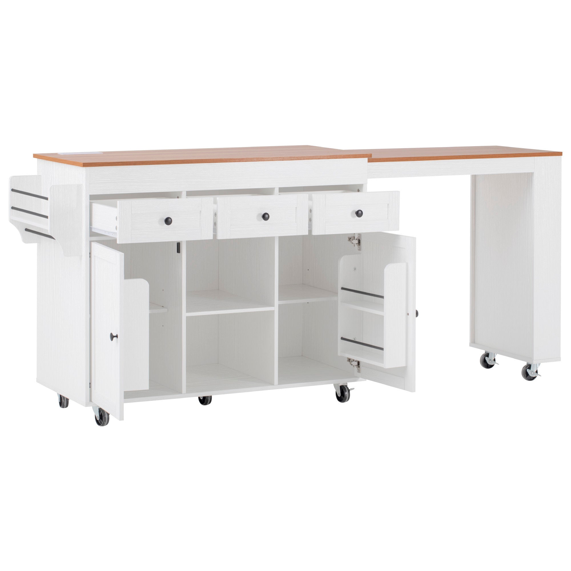 K&K 85.5' Kitchen Island with Extendable Dining Table, Kitchen Storage Table with 3 Side Open Shelves, Rolling Kitchen Island with Power Outlet, 3 Drawers, 2 Doors, for Kitchen, Dining Room, Black