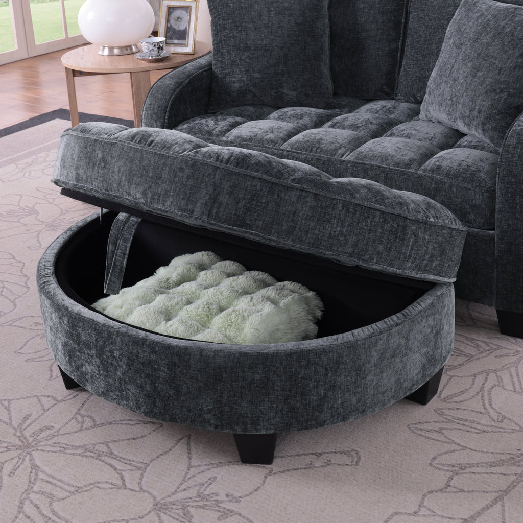 Two-seater sofa, double sofa chaise longue, with irregular armrests and backrests, footrest with storage space, comes with two small throw pillows, suitable for living room and bedroom -Blue