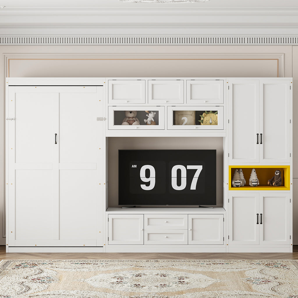 White twin Murphy bed with TV stand — front view