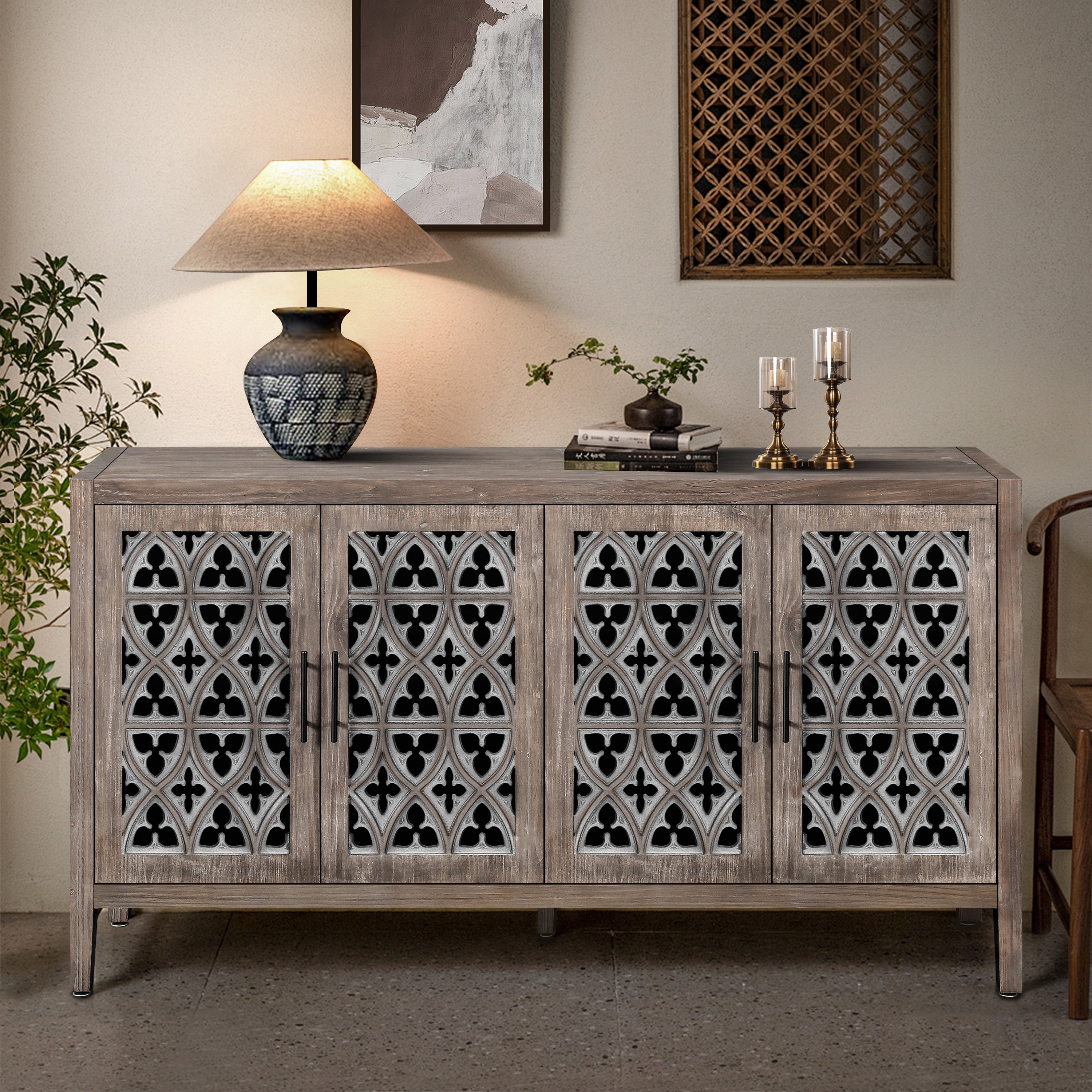 Antique brown hollow 4-door sideboard floral carved — front view