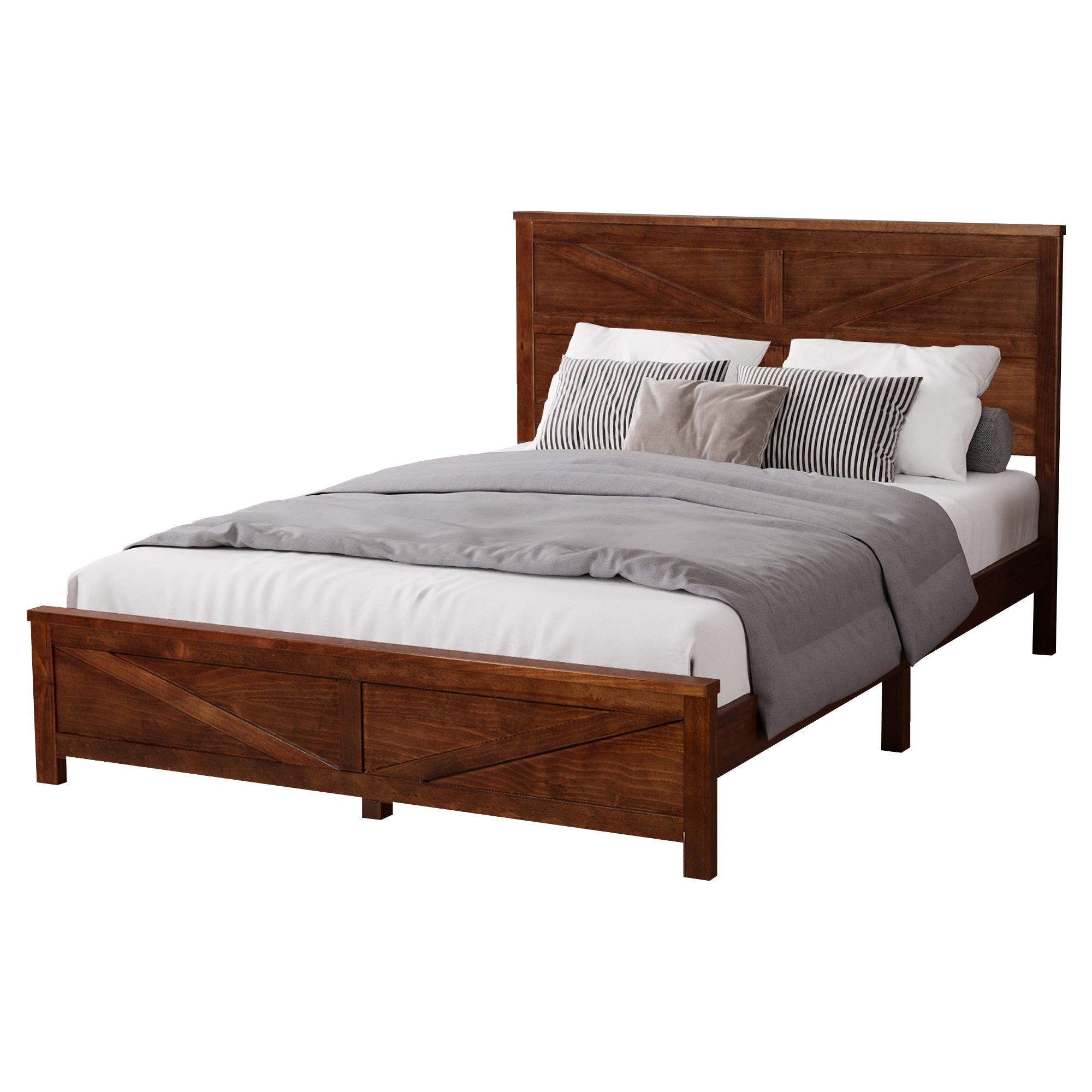 Farmhouse Style Queen Size Bed with Barn Door Designed Headboard and Footboard, Pinewood Bed with Strengthened Bed Frame ,White