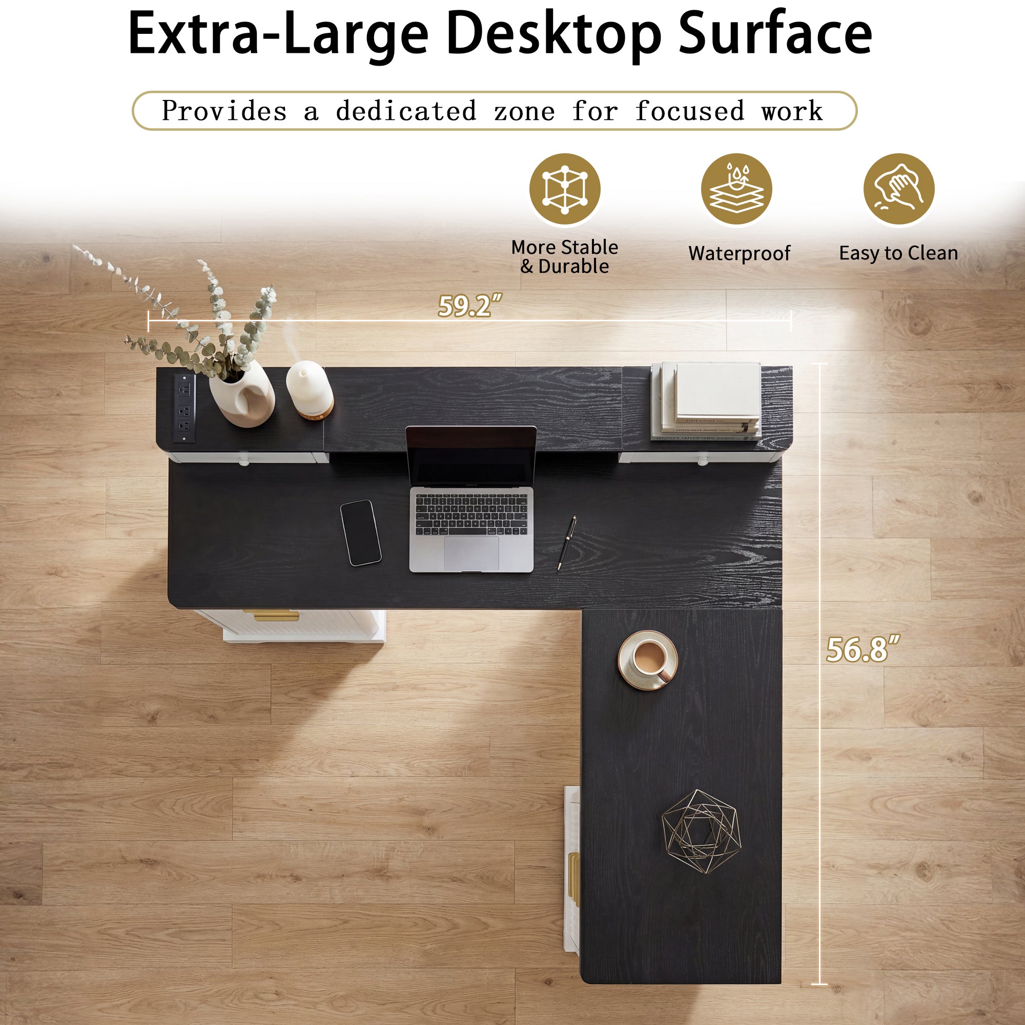 Home office L-shaped desk with charging station close-up