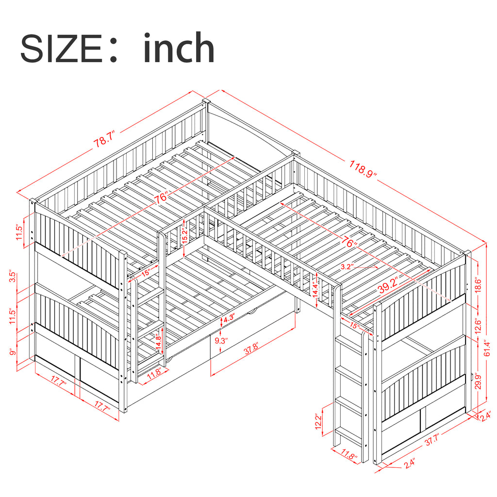 Built-in stepladder and guardrail on upper bunk