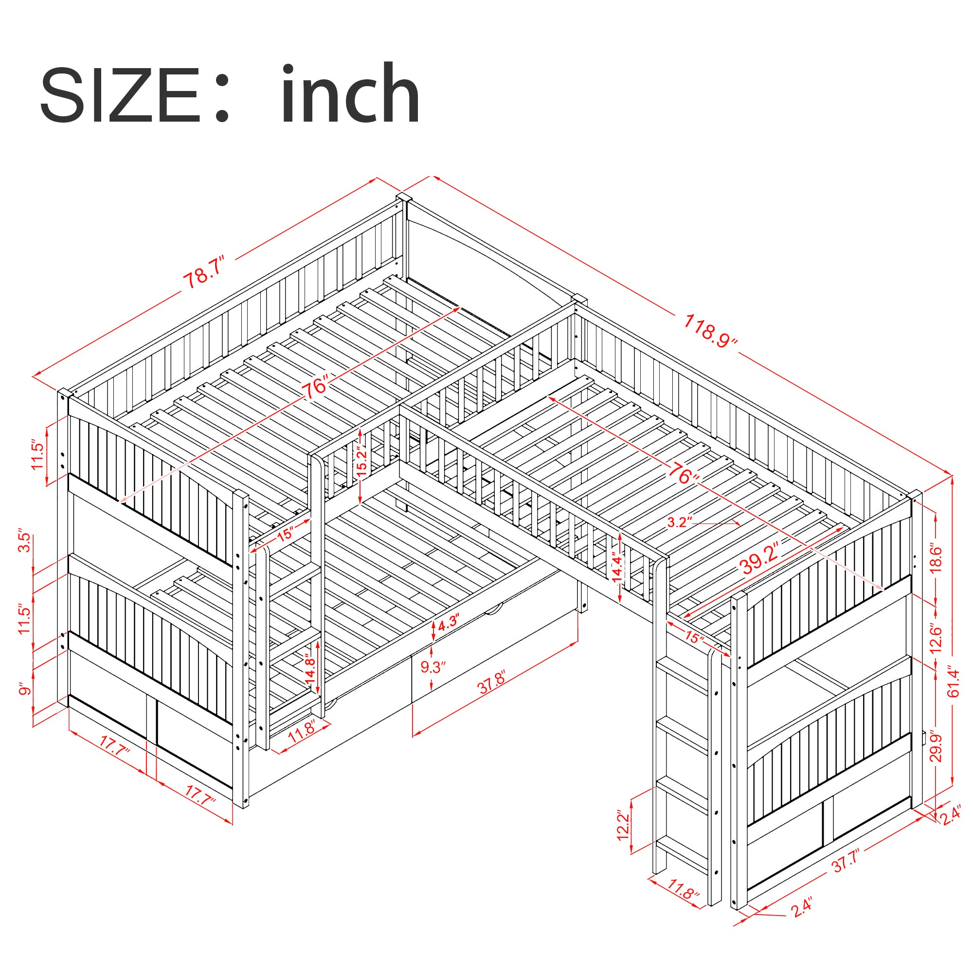 White twin bunk bed with loft and built-in stepladders