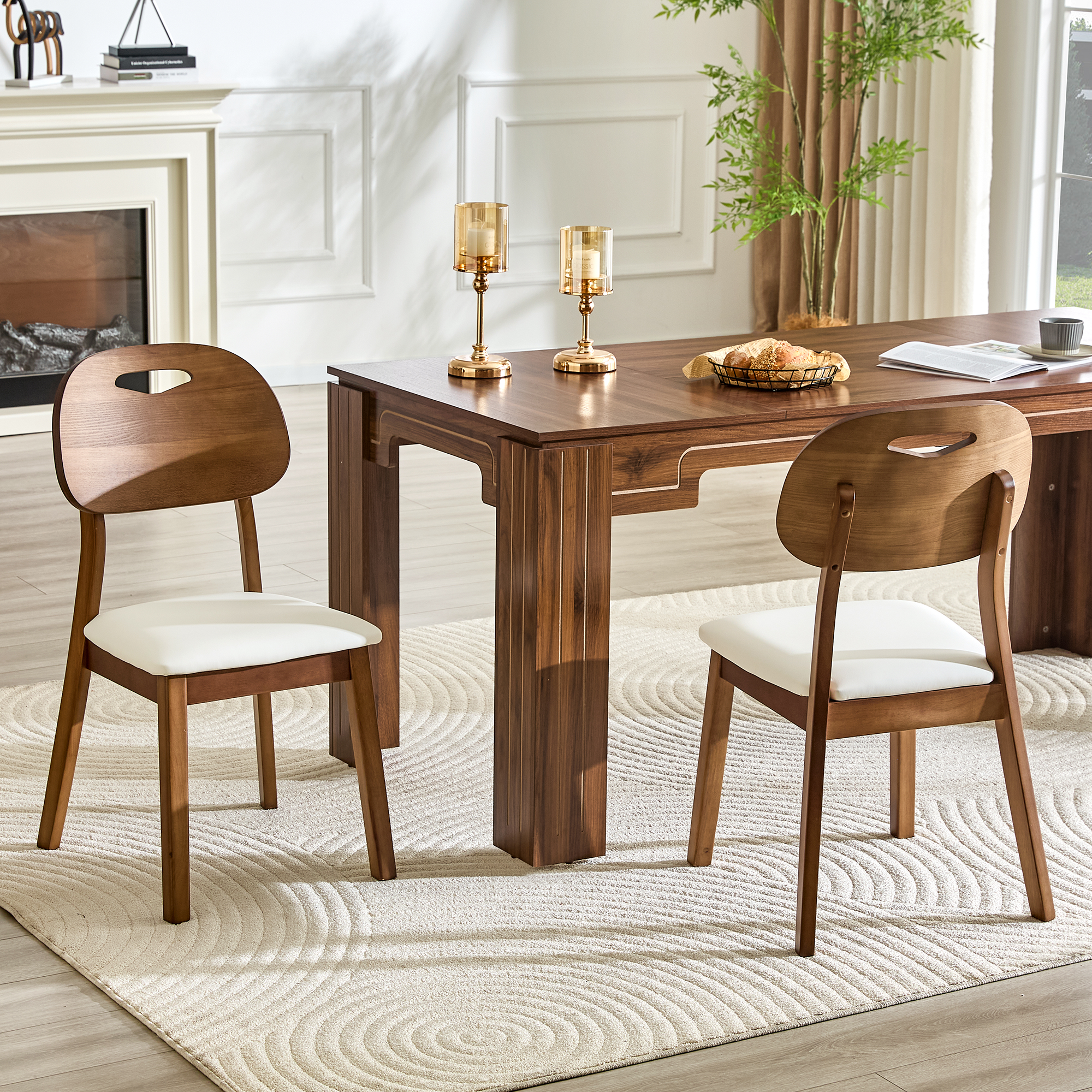 2 walnut colored solid wood dining chairs, white PU soft seat cushions, hollowed out backrests, and home dining chairs.
