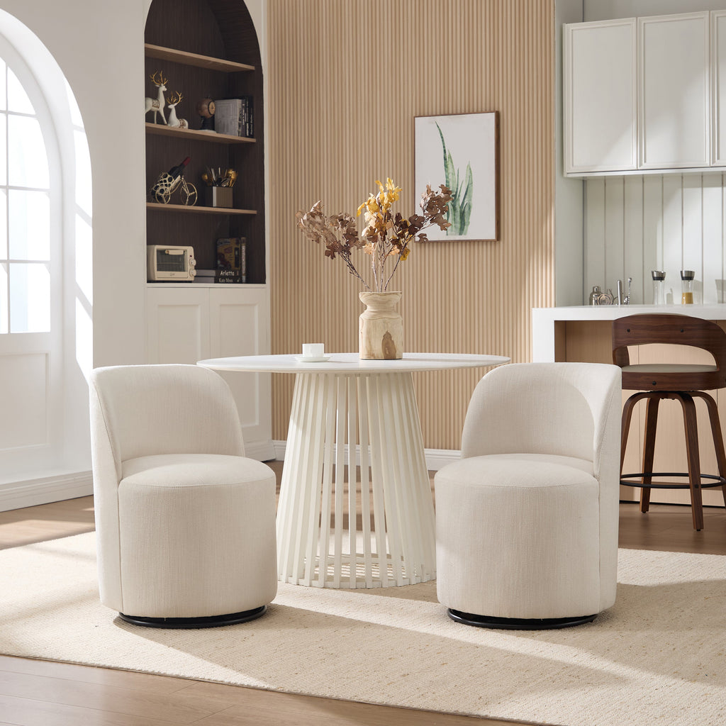 Set Of 1 Upholstered Kitchen & Dining Room Barrel Chair, Mid Century Modern Round Linen Dining Chair, 360 Degree Swivel Comfy Armless Accent Makeup Vanity Side Chair for Bedroom Living Room