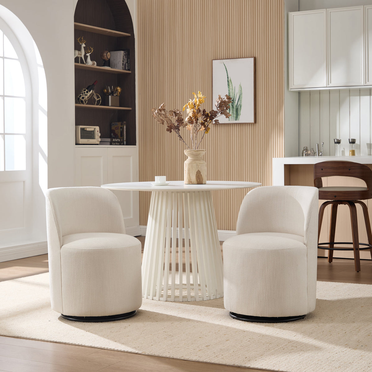 Set Of 1 Upholstered Kitchen & Dining Room Barrel Chair, Mid Century Modern Round Linen Dining Chair, 360 Degree Swivel Comfy Armless Accent Makeup Vanity Side Chair for Bedroom Living Room