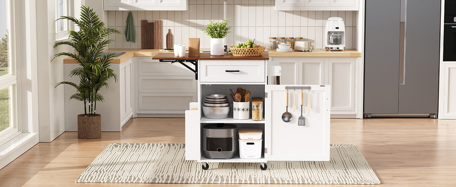 K&K 39.3' Farmhouse Kitchen Island with Drop Leaf, Kitchen Storage Island with Open Side Rack, One Drawer, Towel Rack, Rolling Kitchen Cart with Lockable Wheels for Lawn Garden, Black
