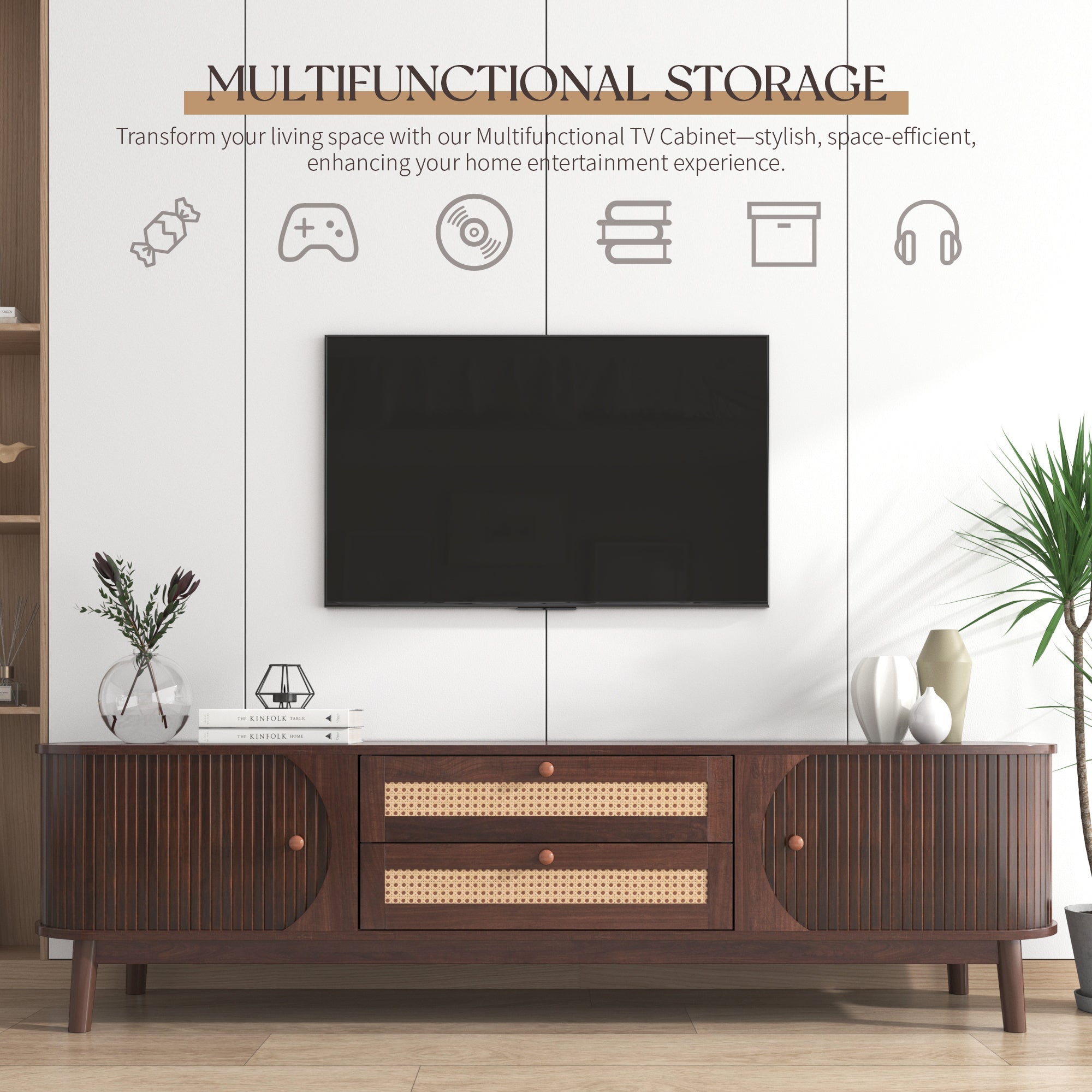 Modern Farmhouse Rattan TV Stand — for TVs Up to 75" (Natural Wood)