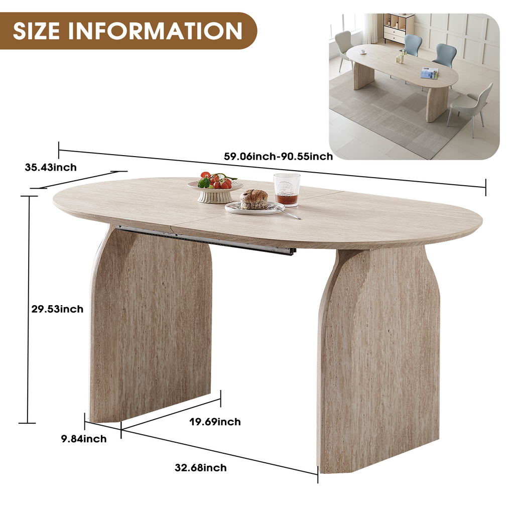 Oval extendable dining table with dual-pillar curved legs overview