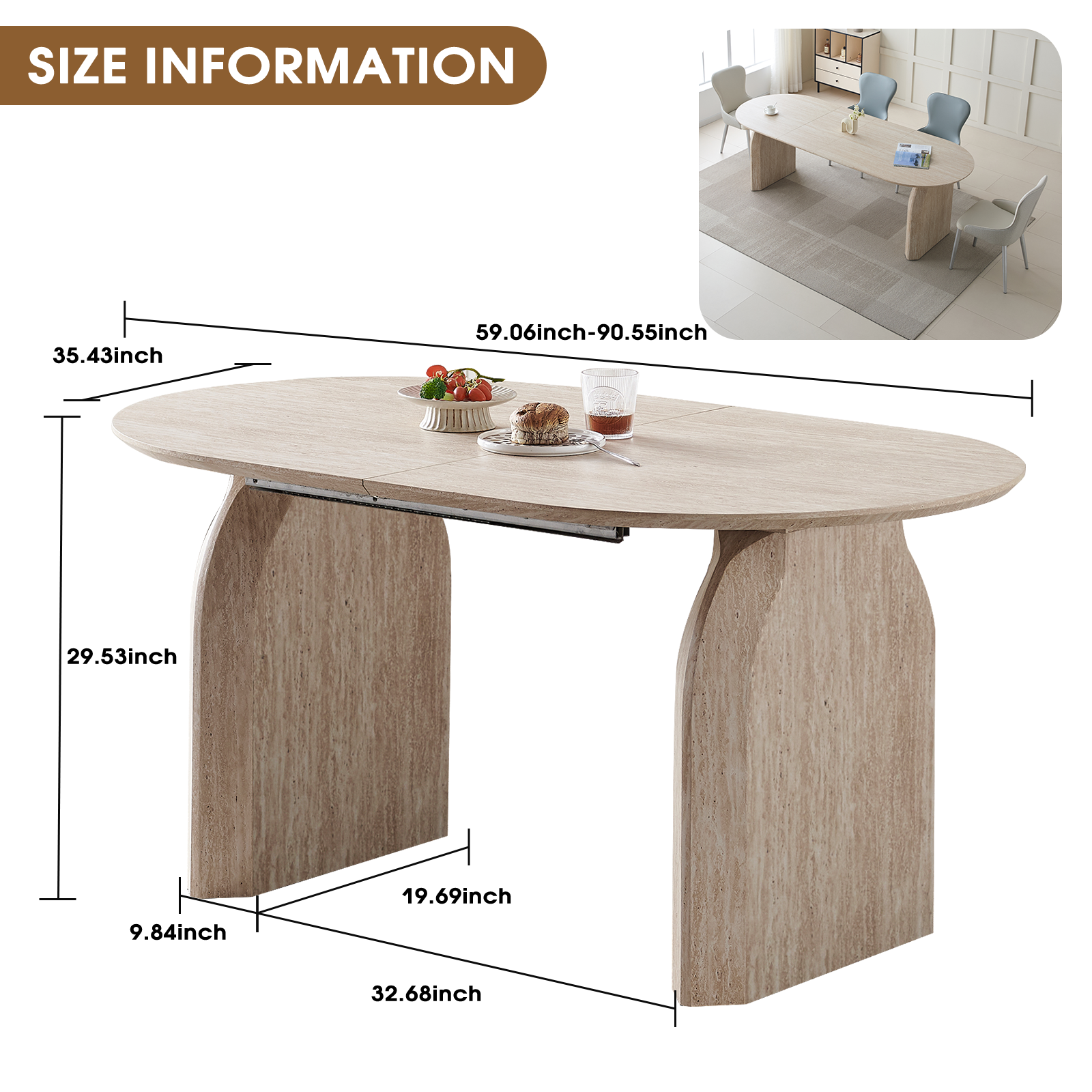 Oval extendable dining table with dual-pillar curved legs overview