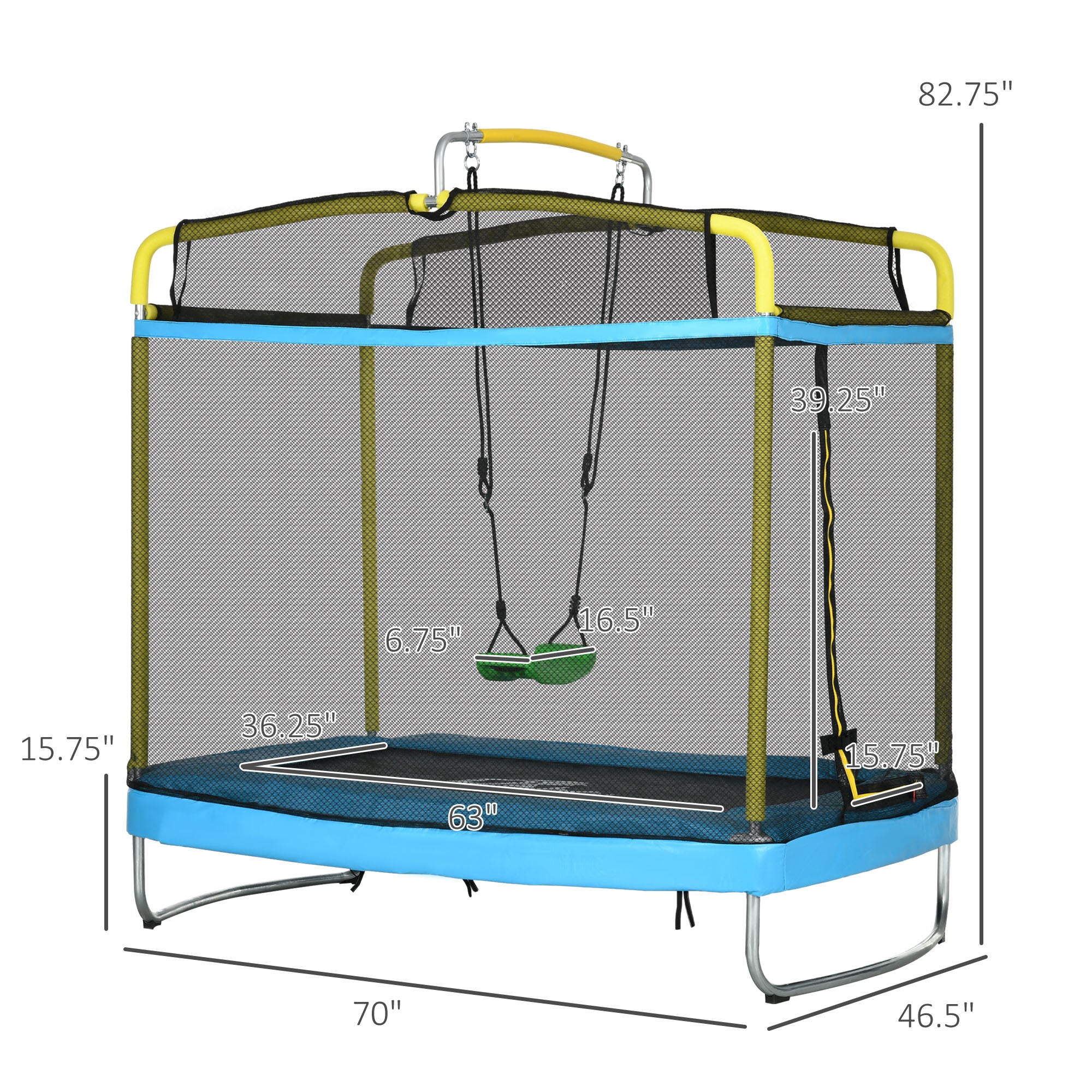7ft toddler trampoline with swing and gymnastics bar angle view