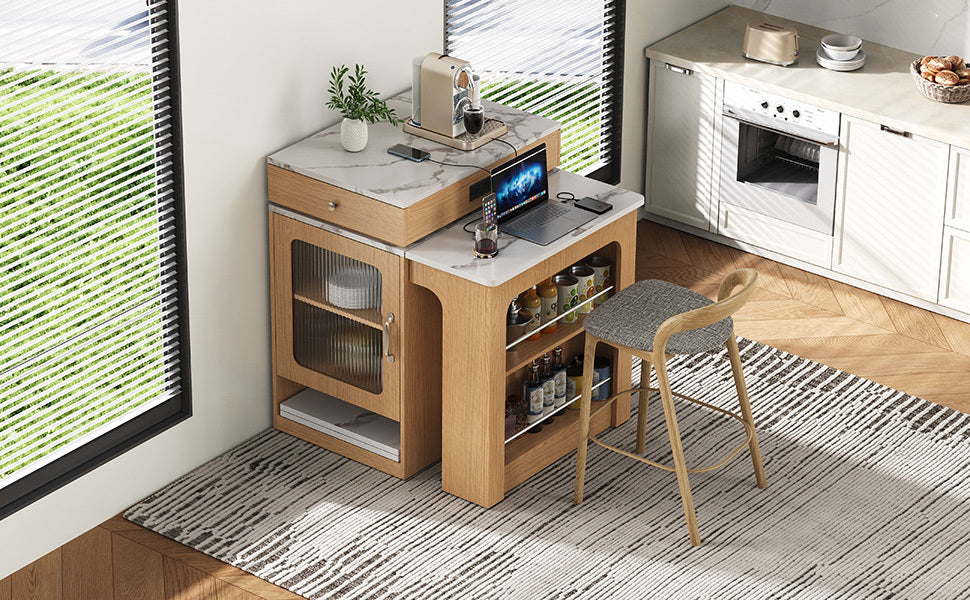 K&K 59.5' Kitchen Island with Extendable Dining Table, Kitchen Storage Table with Double-sided Storage, Kitchen Island with 2 Drawers, Power Outlet, Side Open Shelves, for Kitchen, Dining Room, Black
