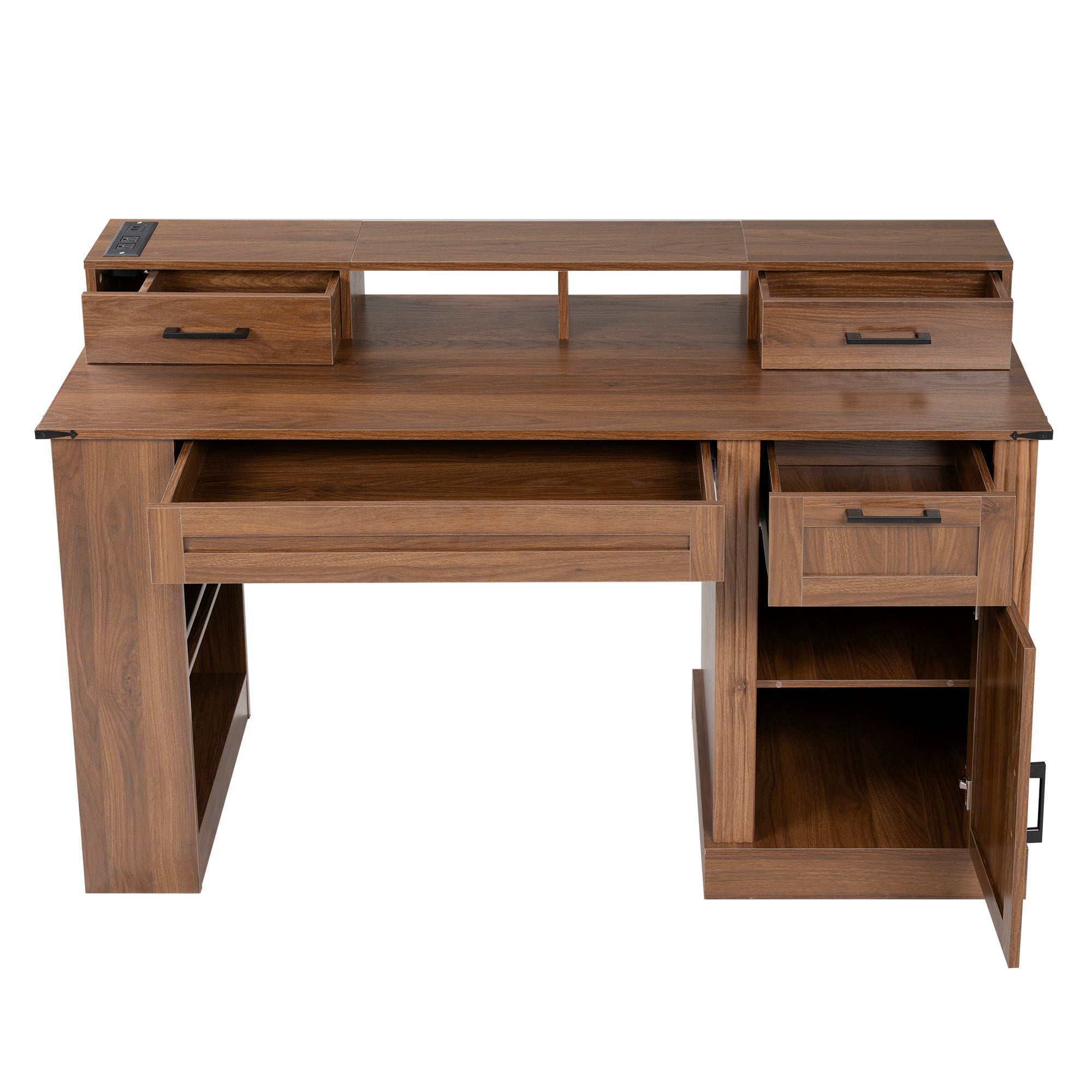 Dark walnut farmhouse desk cabinet door open adjustable shelf view