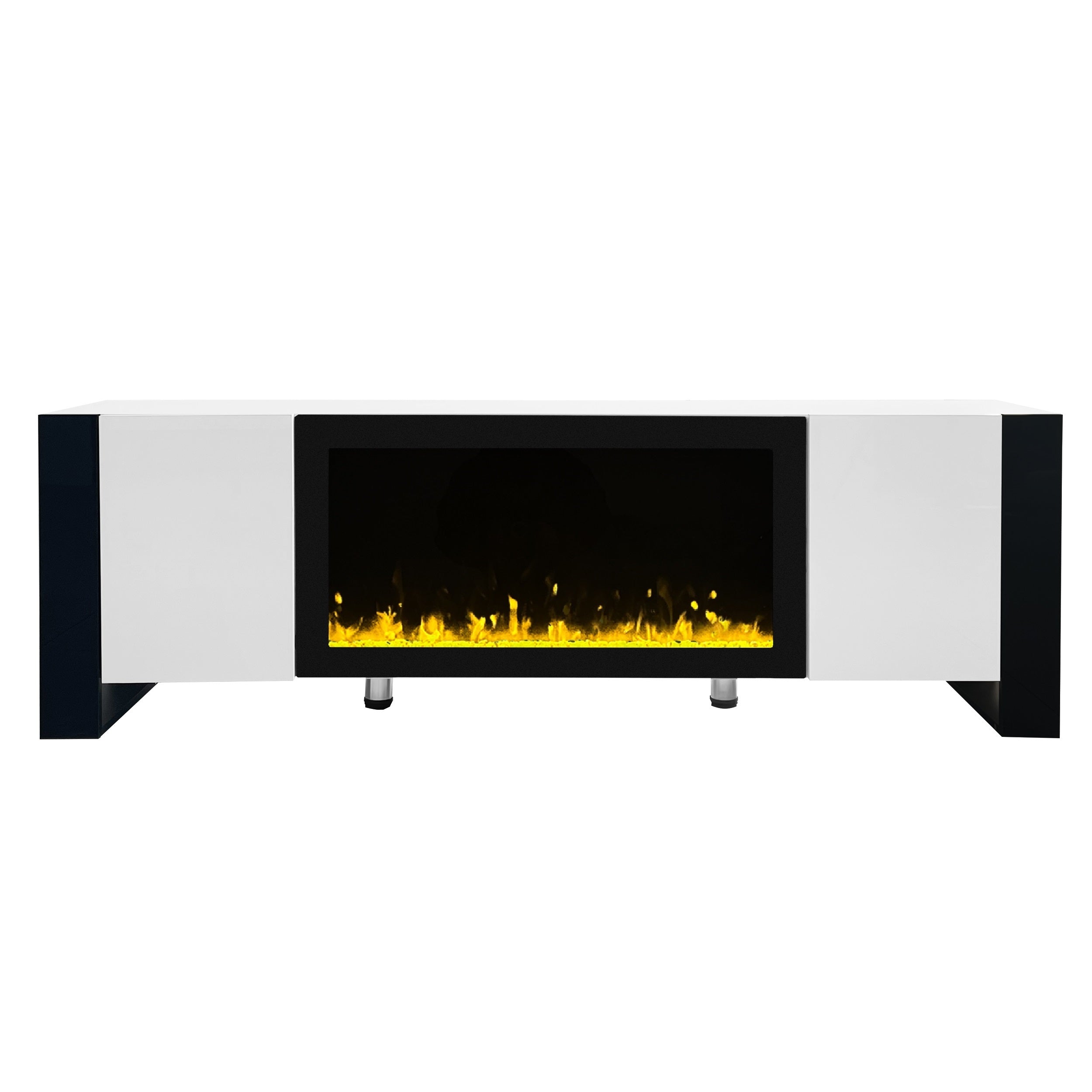 Decorative fireplace insert on white TV stand angle view