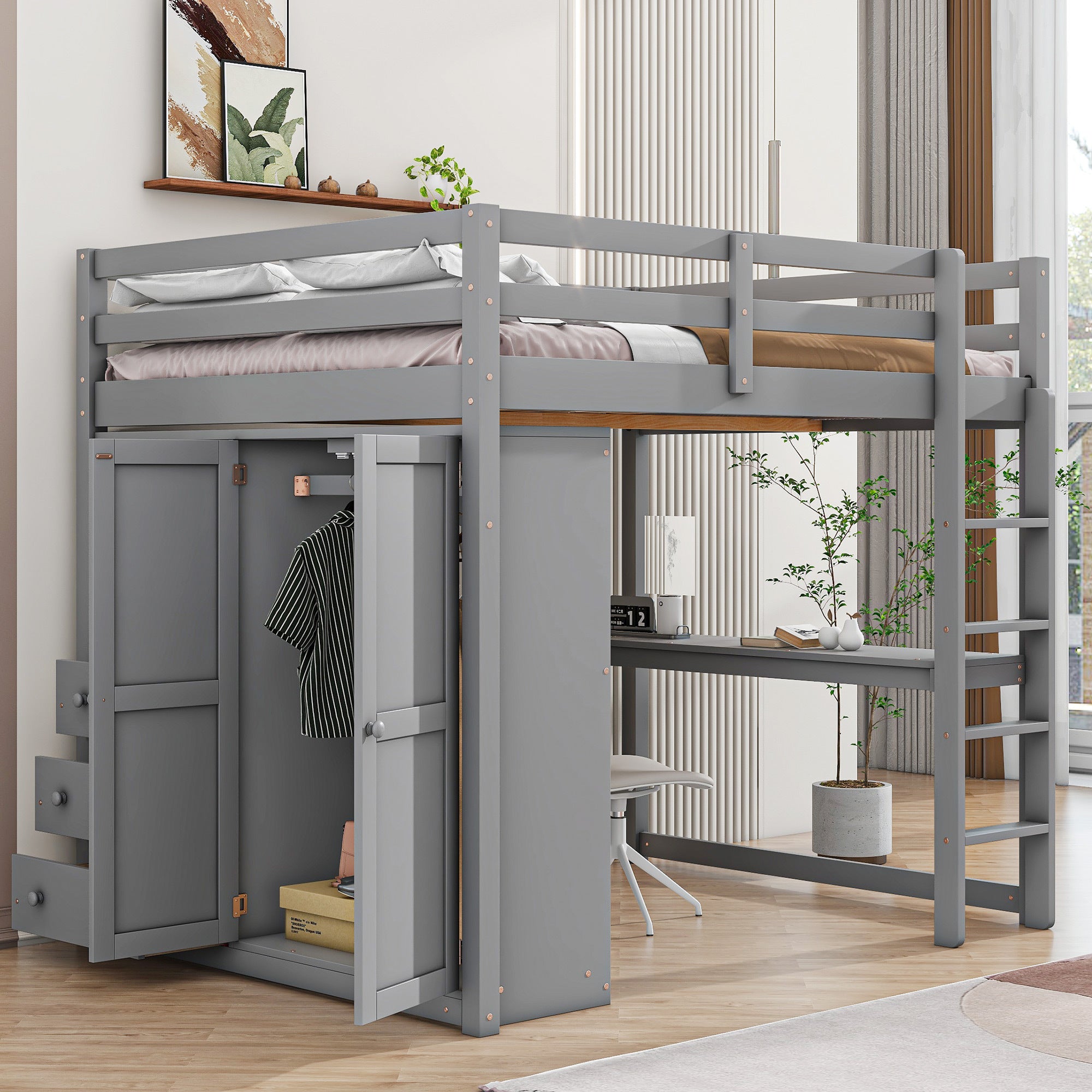 Gray loft bed with integrated desk — side view
