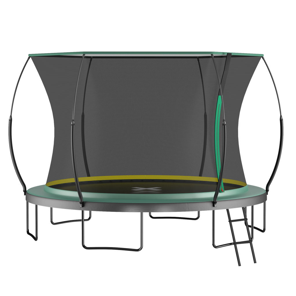 Green trampoline flexible fiberglass net poles and tension-fixed net close-up